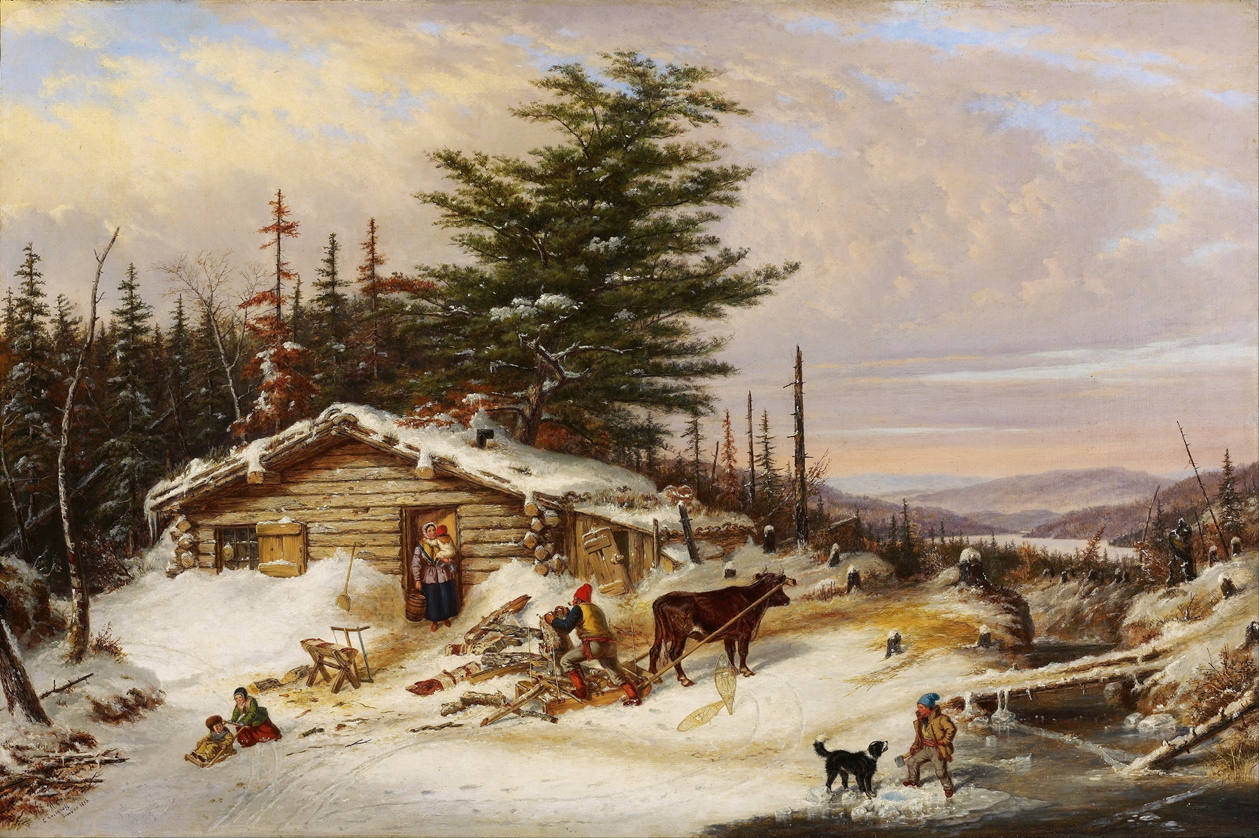 Settler’s Log House by Cornelius David Krieghoff, oil on canvas depicting a rustic interior.