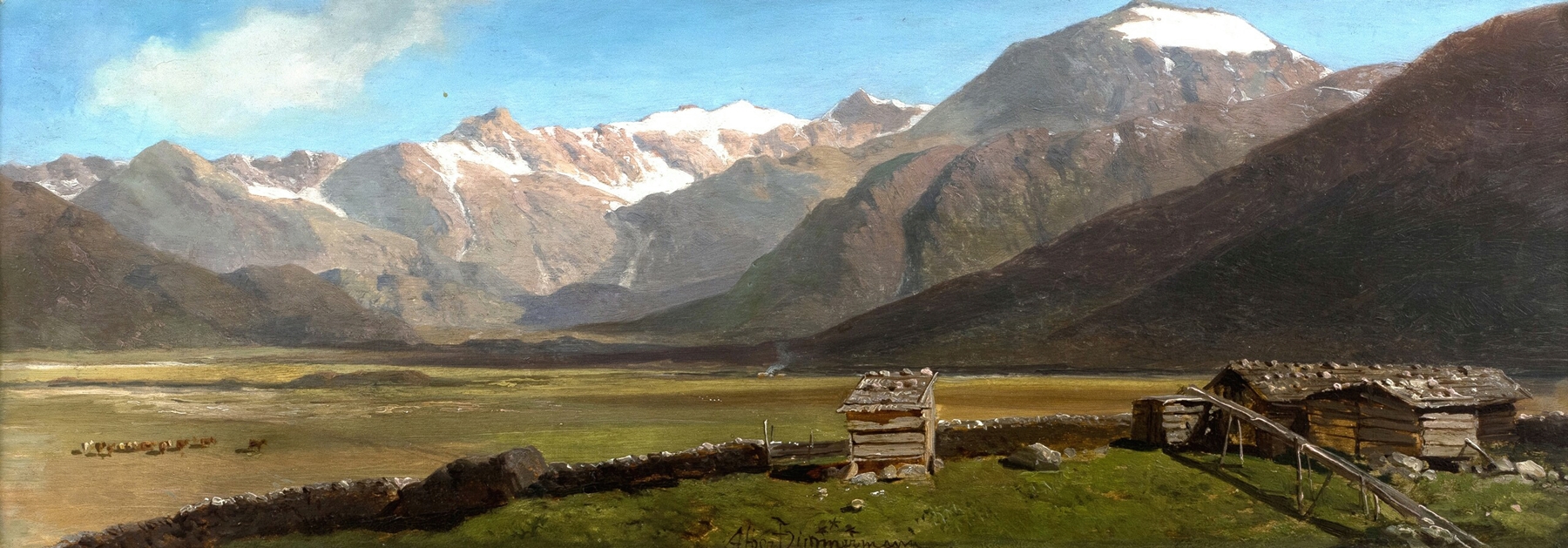 Almhütten auf einer Ebene mit Gebirgskette by Albert Zimmermann, oil on canvas depicting alpine huts and mountains.
