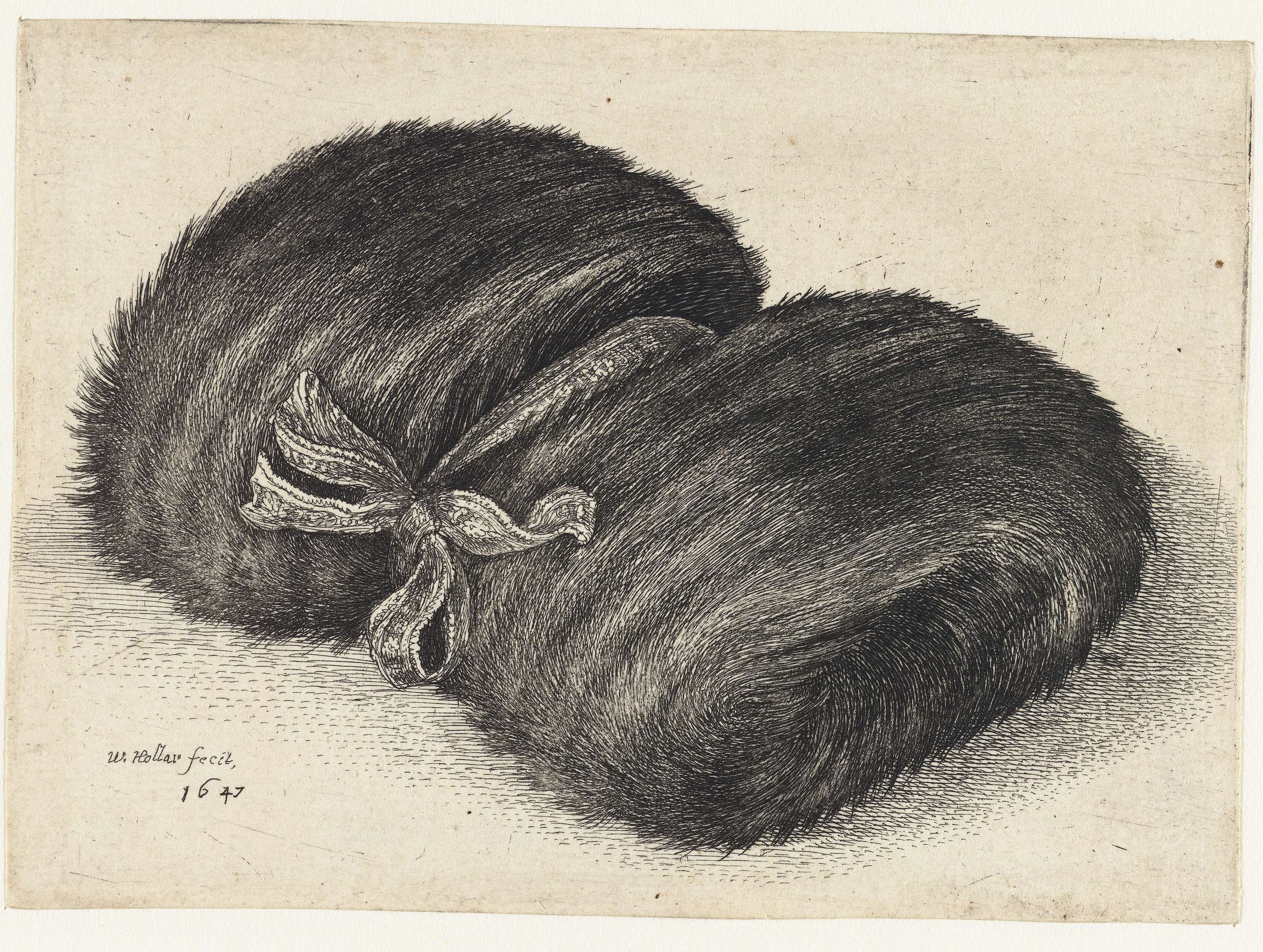 Fur muff with a ribbon, etching by Wenceslaus Hollar