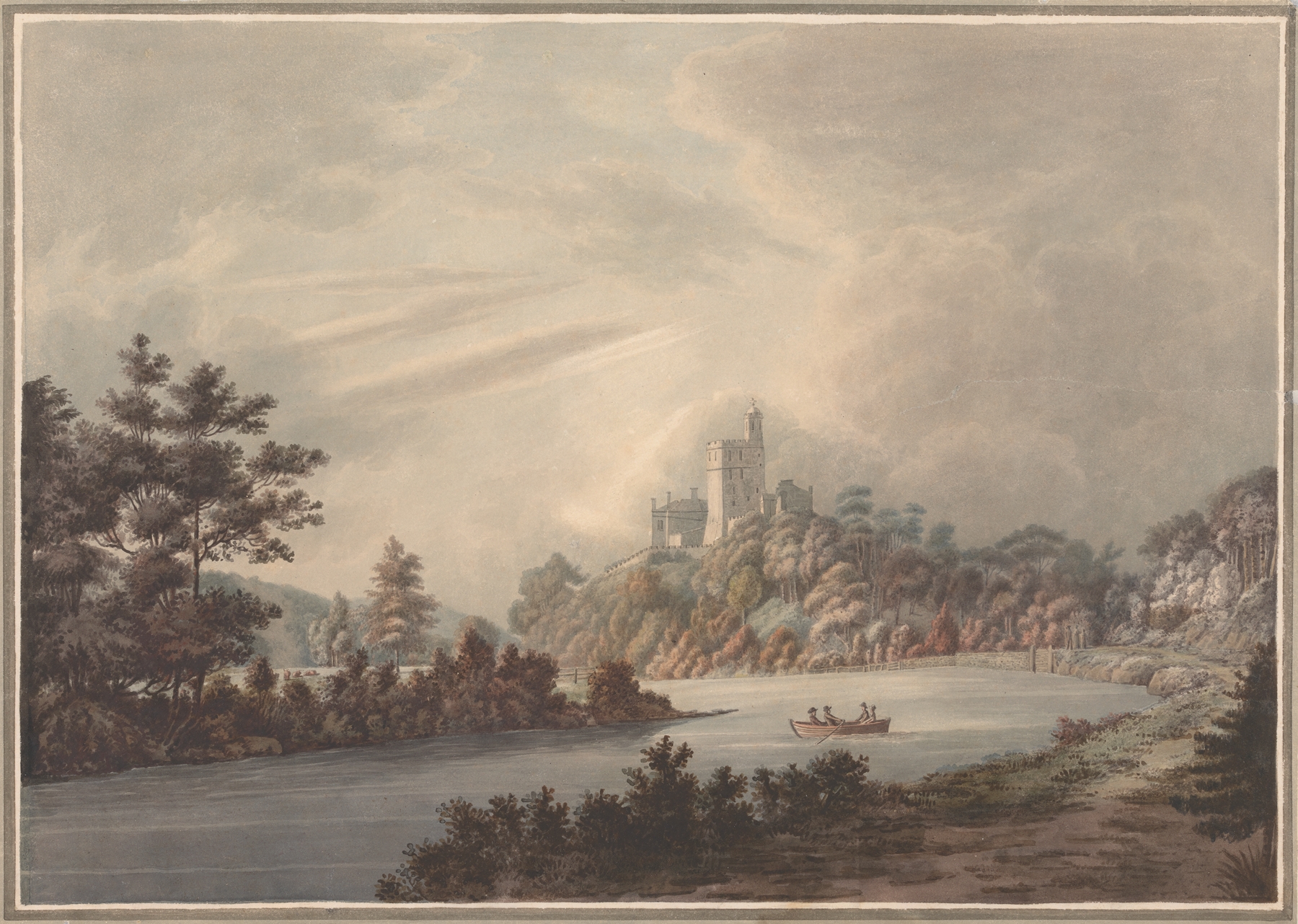 Landscape, Castle by a River by William Green, oil painting depicting a tranquil scene with reflections.