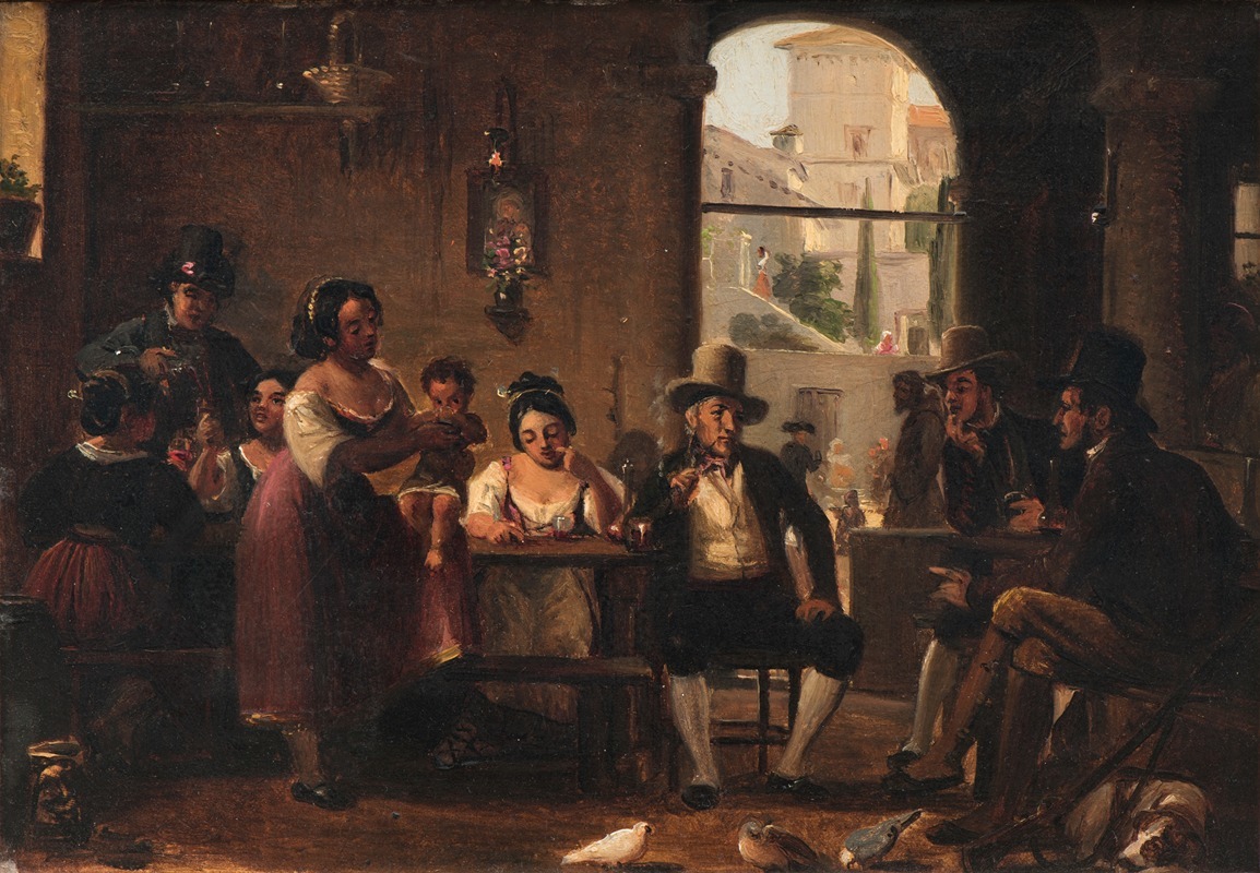 A lively scene depicting hunters and Italian women in a Roman osteria.