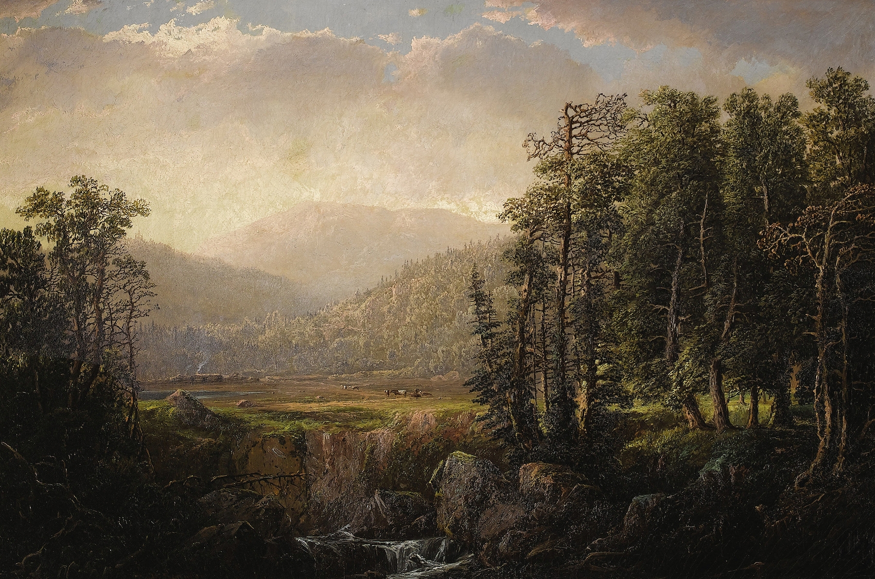 Adirondack Mountain Landscape by William Louis Sonntag, oil on canvas depicting a serene forest and mountains.