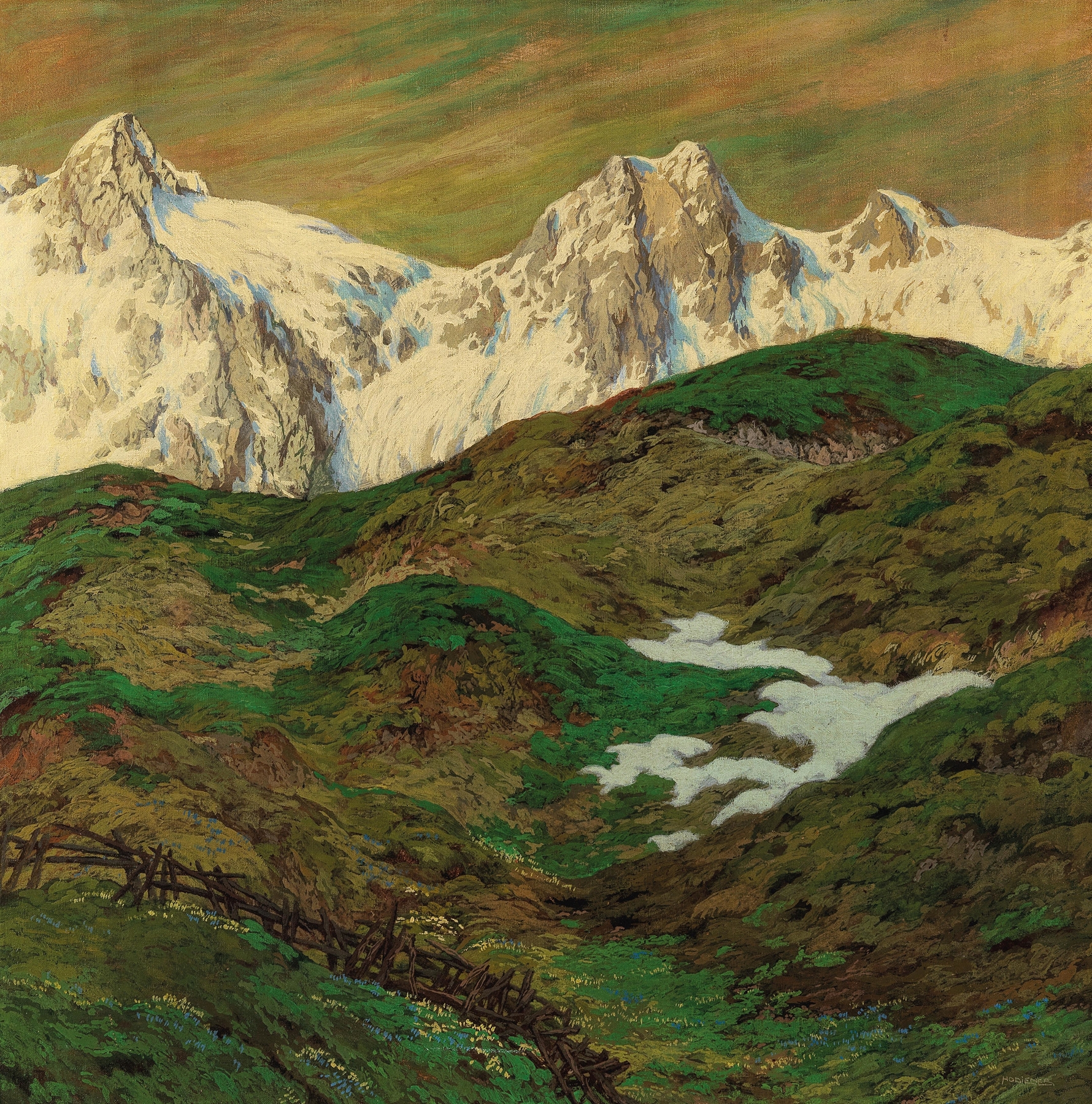Botanical scene with spring buds breaking through frost by Hugo Hodiener