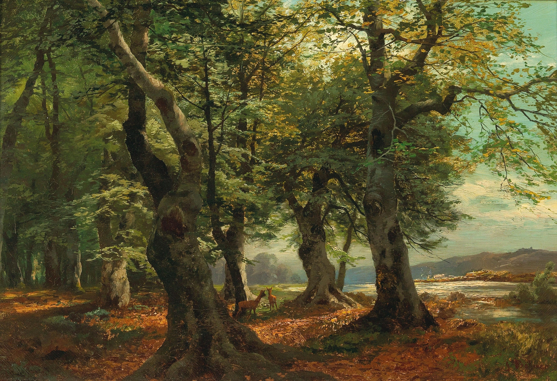 oil painting by Heinrich Böhmer depicting a serene beech forest with wild deer