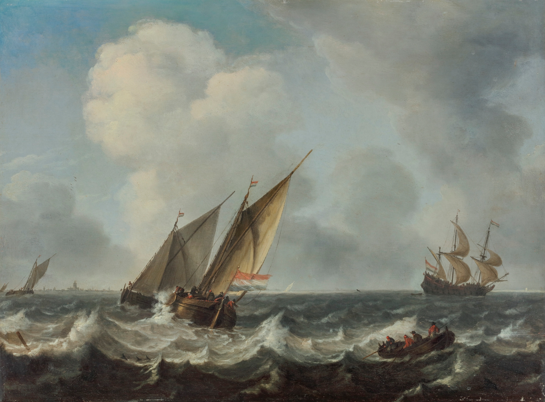 Two smalschips and a rowing boat on choppy waters, oil painting by Arnoldus Van Anthonissen