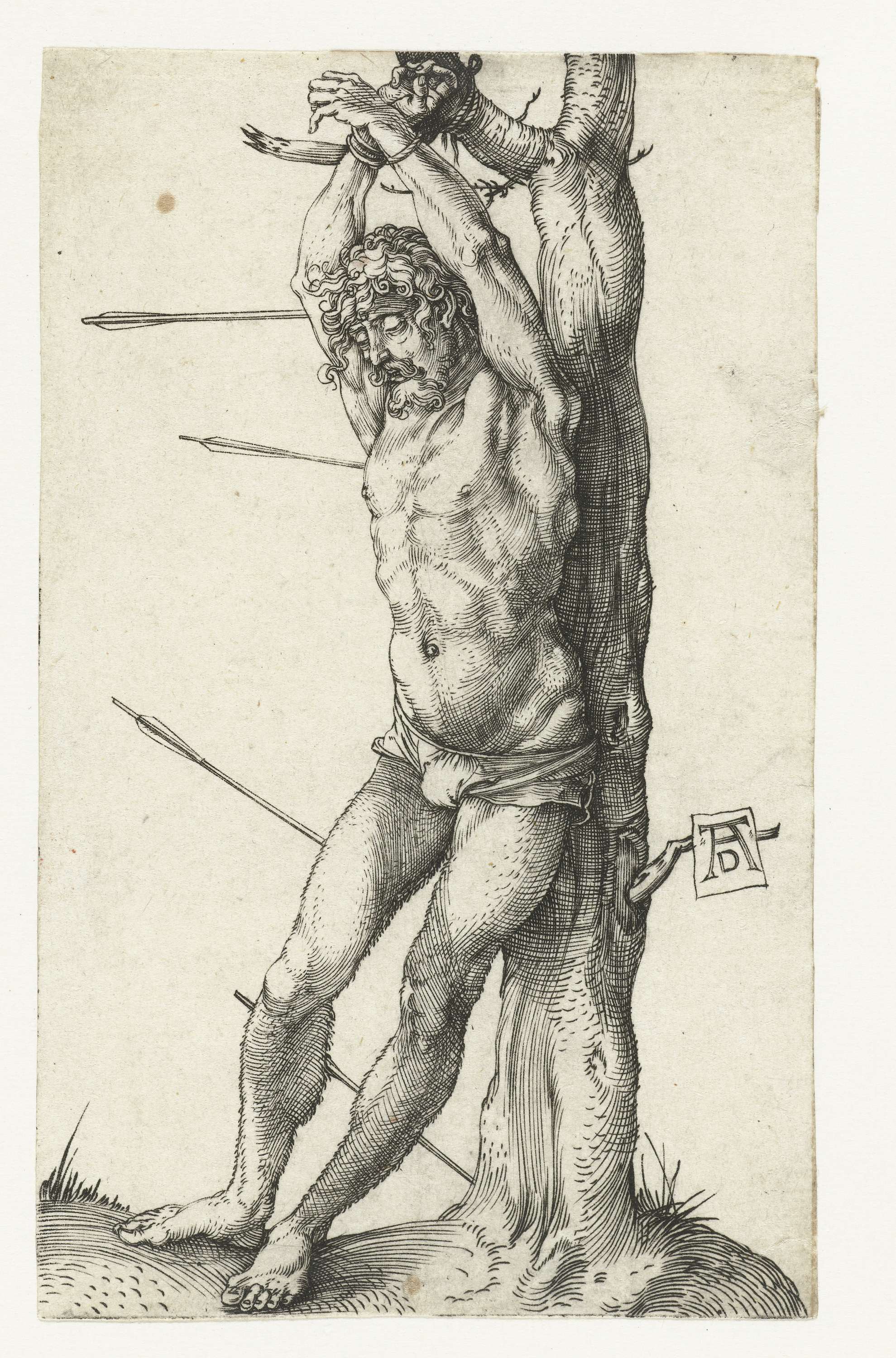 De Heilige Sebastiaan engraving by Albrecht Dürer, depicting a serene saint illuminated by soft light.