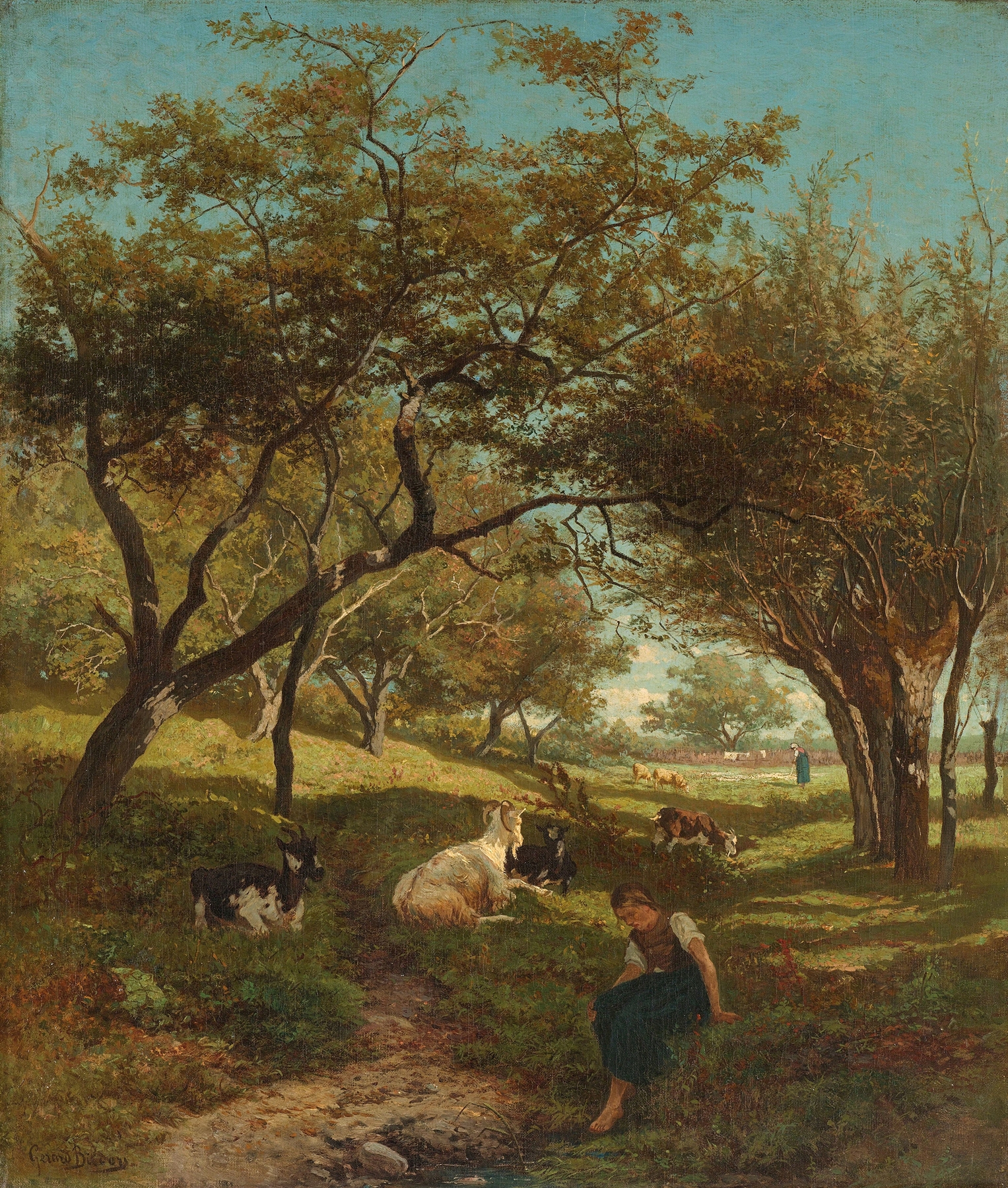 The Goatherdess by Gerard Bilders, oil painting of a tranquil woman with a goat in nature.