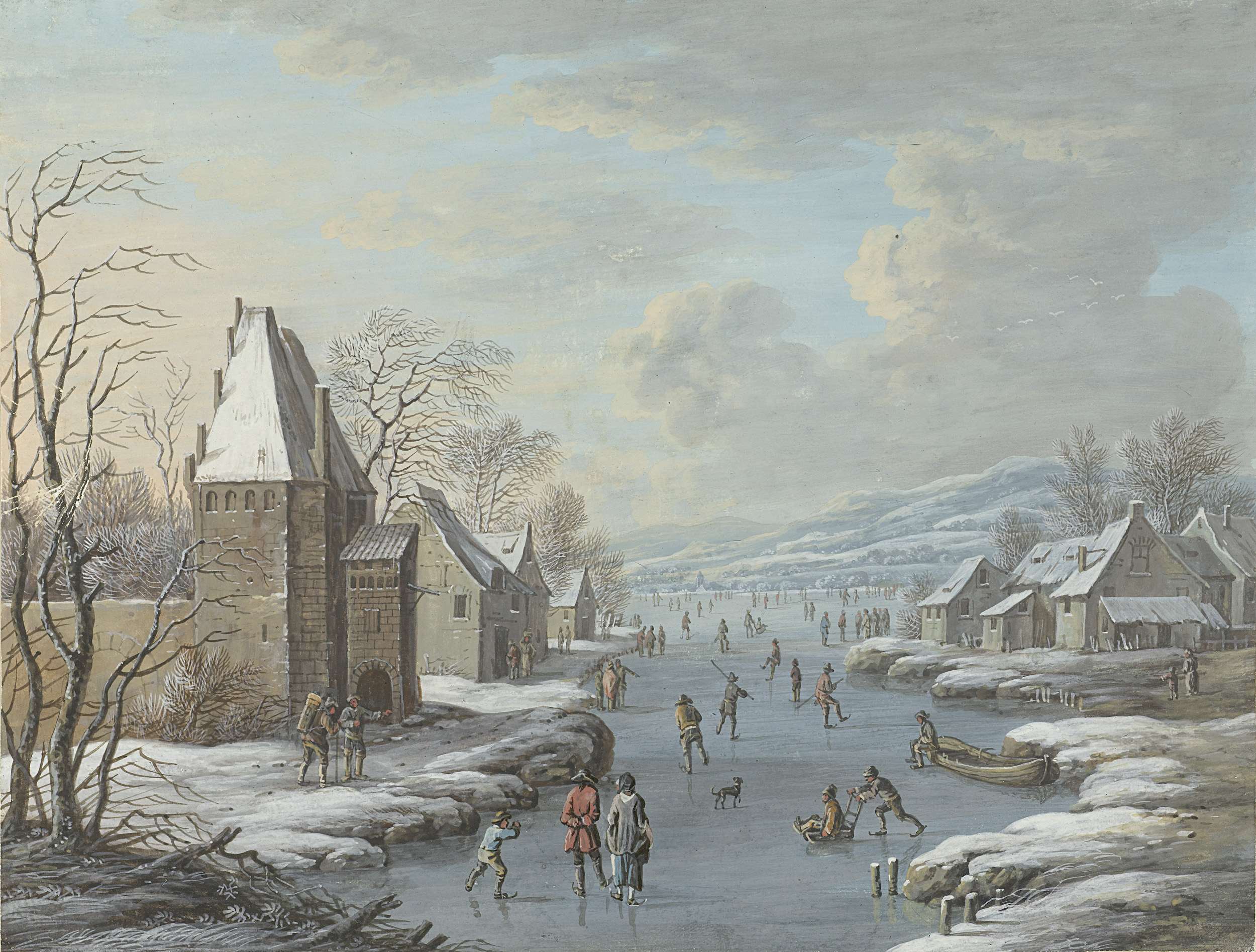 Wintergezicht met ijsvermaak by Barbara Regina Dietzsch, oil painting depicting ice skating in a winter landscape.