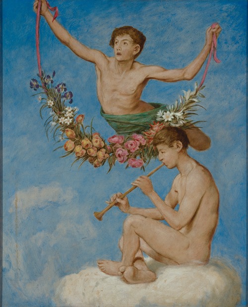 A painting depicting two youthful figures surrounded by flowers.