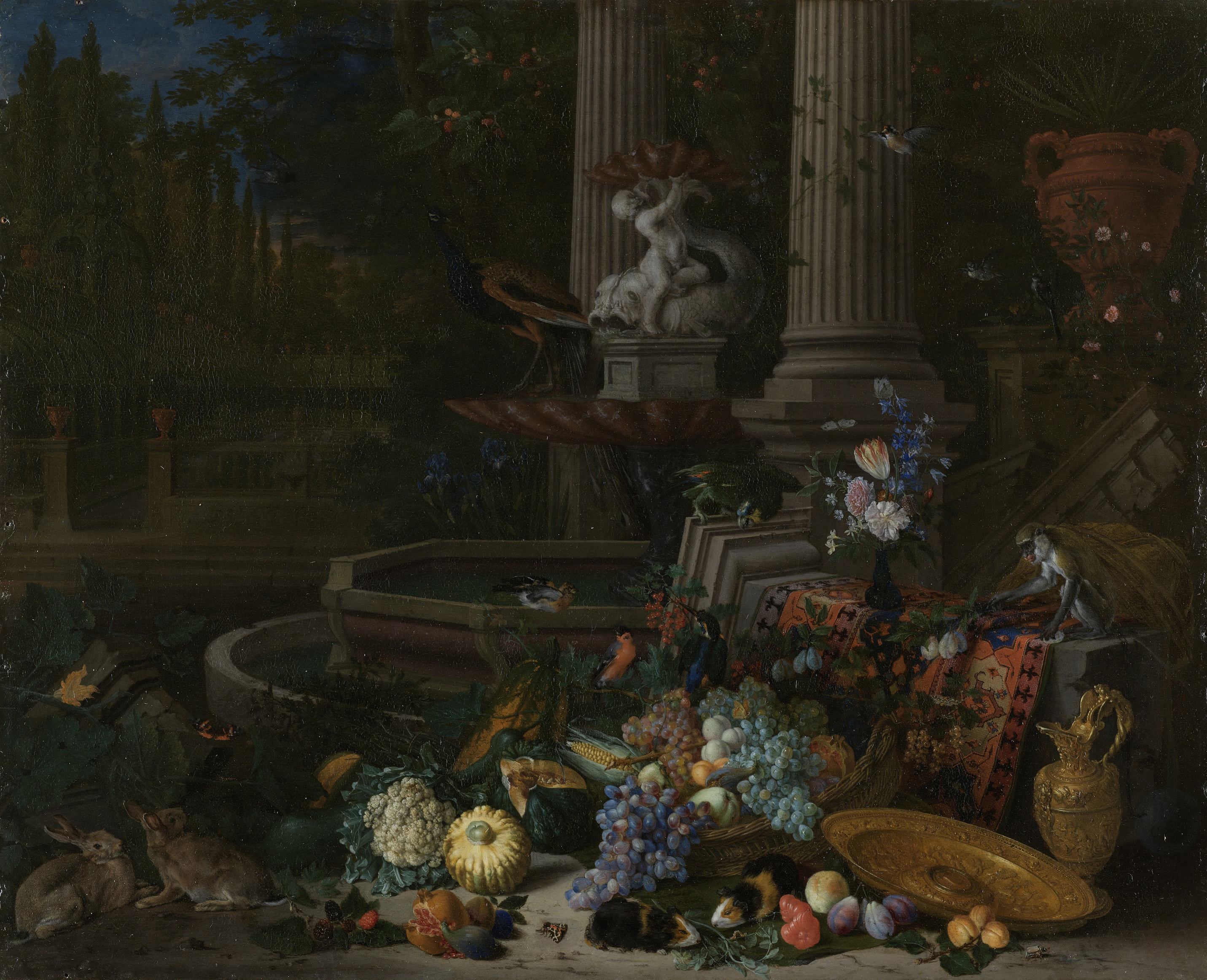 Still life oil on copper by Peeter Gijsels featuring vegetables and a fountain.