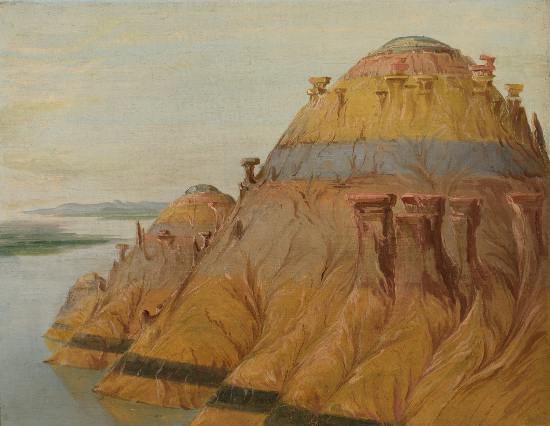 Landscape of bluffs and river by George Catlin, oil painting