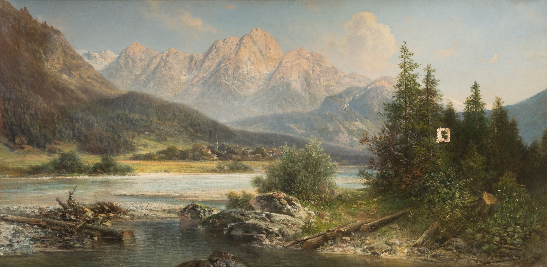 River landscape at the foot of the Alps by Alfred Karl Julius Von Schönberger, unknown medium