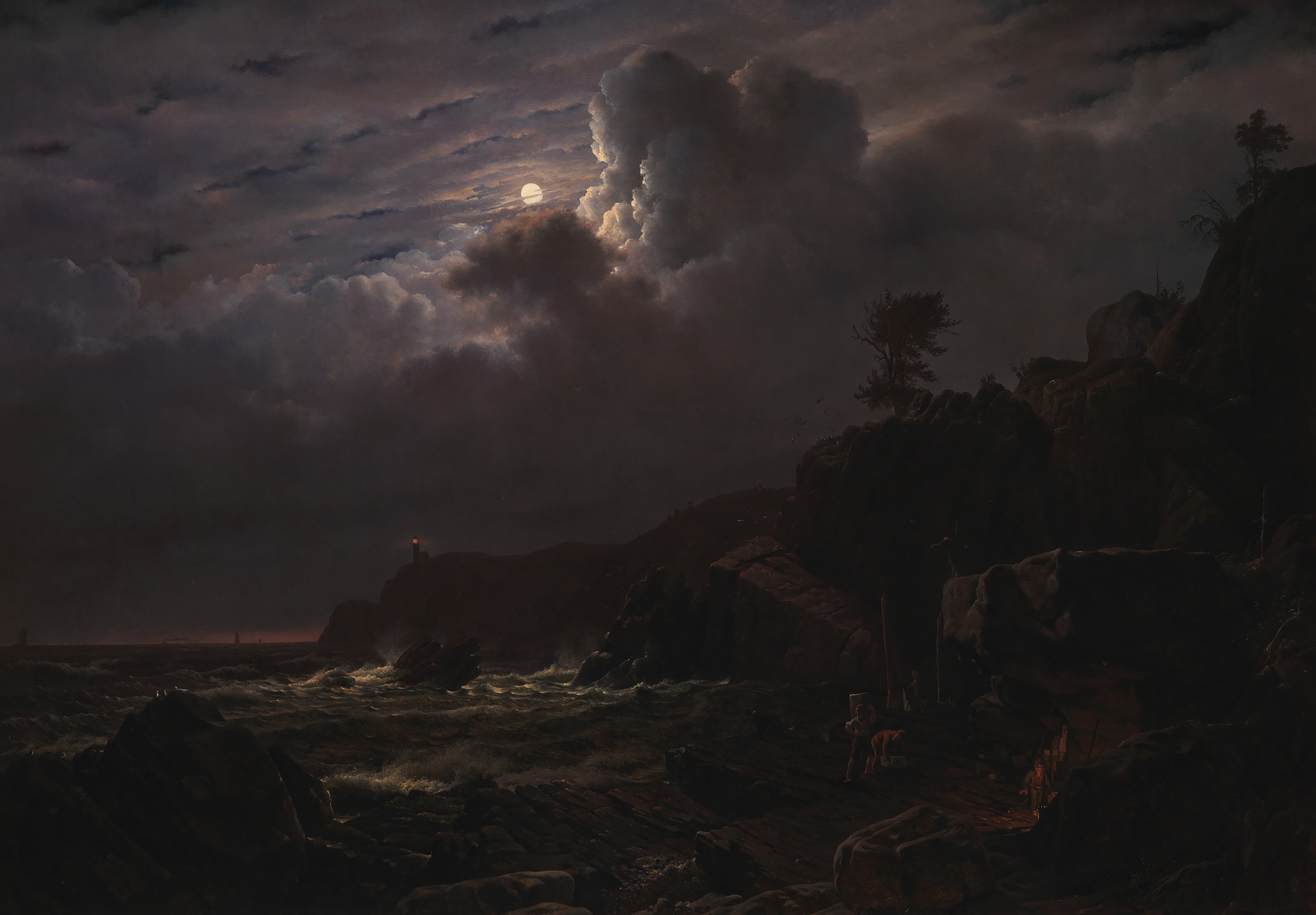 Moonlight oil painting by Louis Gurlitt depicting smugglers hiding goods among rocks in Sweden.