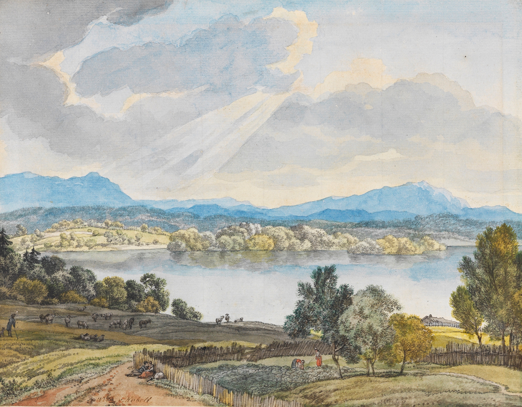 Blick über den Staffelsee, oil painting by Wilhelm von Kobell depicting a serene lake and sky.