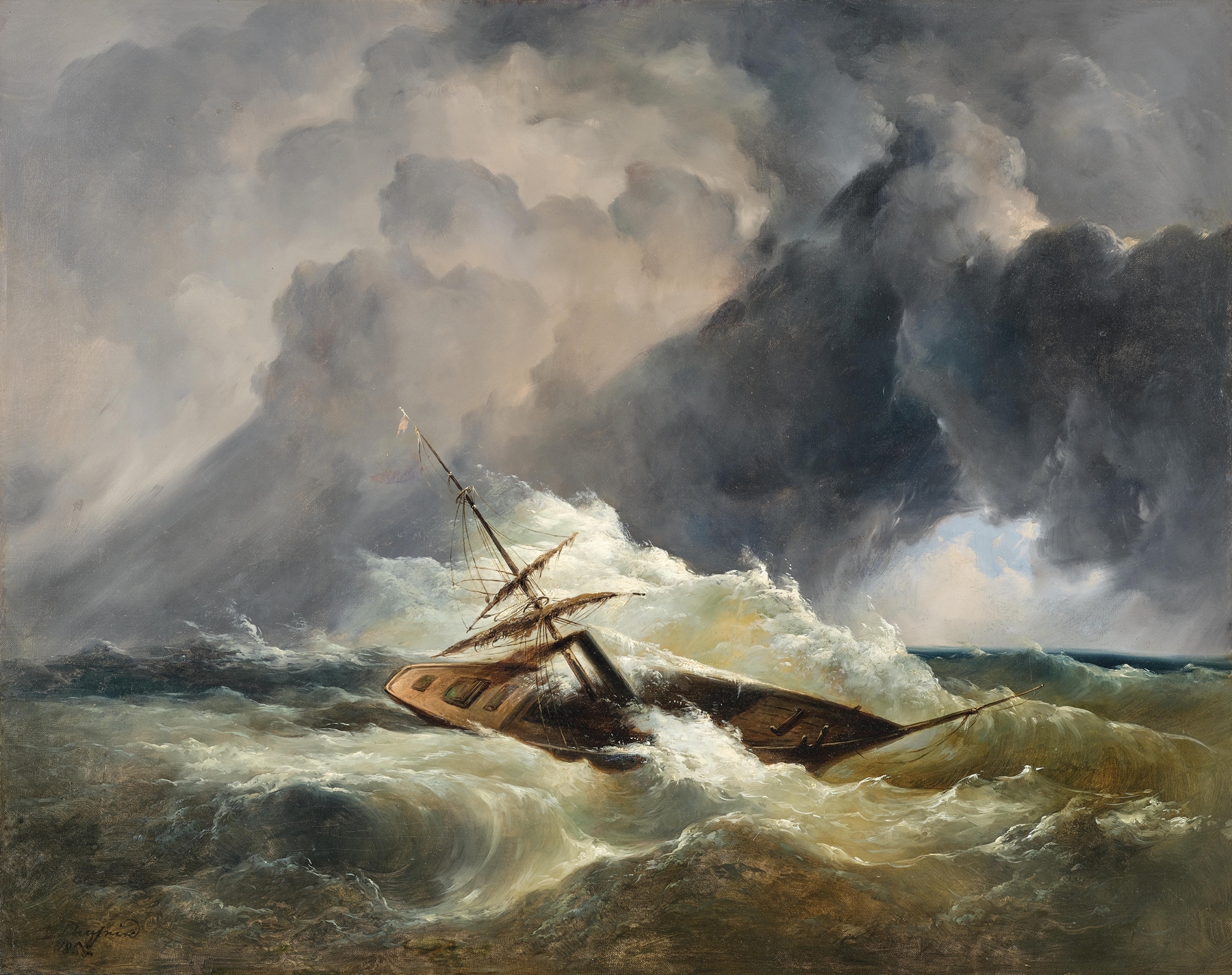 Oil painting by Dominik Schuhfried depicting a small boat battling stormy seas