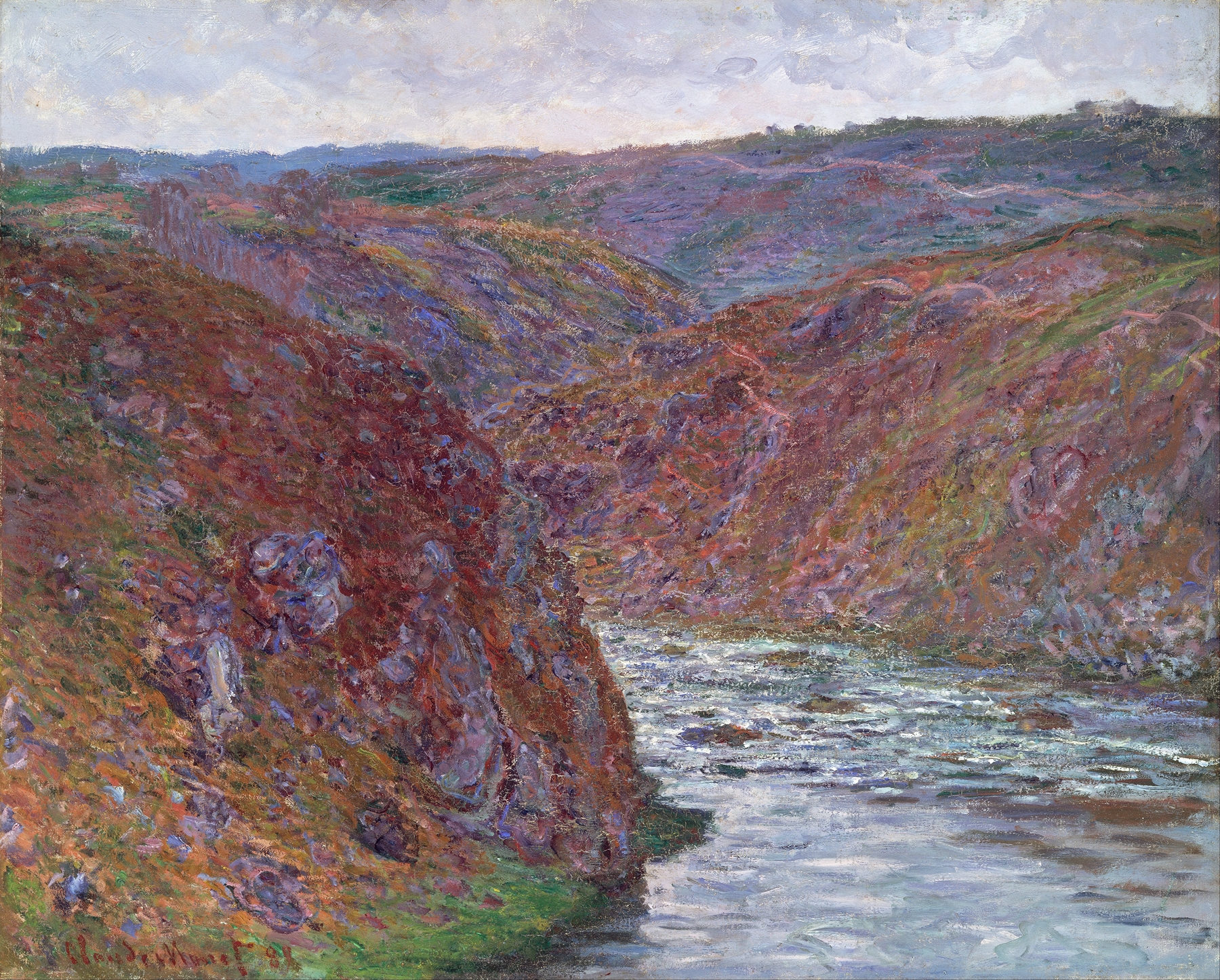 Valley of the Creuse, oil painting by Claude Monet, features swirling clouds and a river.