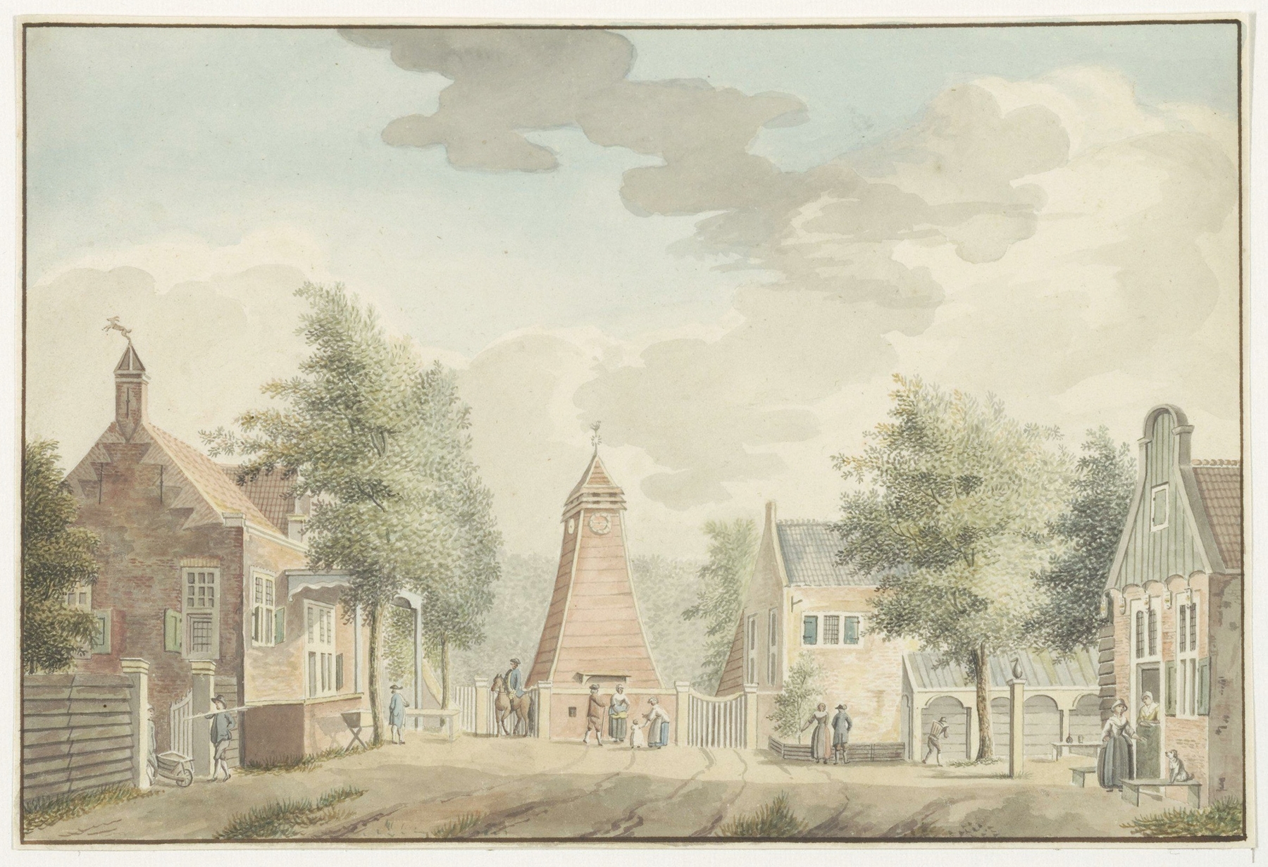 Landscape with a tavern in golden light, oil painting by Hermanus Petrus Schouten