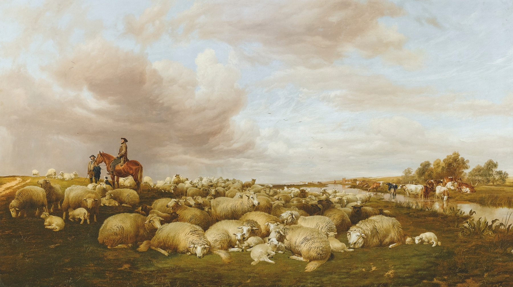 April Showers by Thomas Sidney Cooper, oil on canvas showing rolling hills and rain clouds.