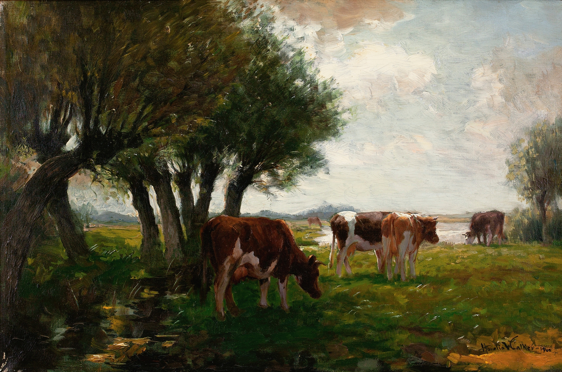 Cattle Grazing by Horatio Walker, realism, depicts cattle in a lush pasture under dappled sunlight.