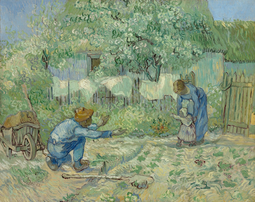 Vincent van Gogh's 'First Steps, after Millet' captures a child's first steps in a rural setting.