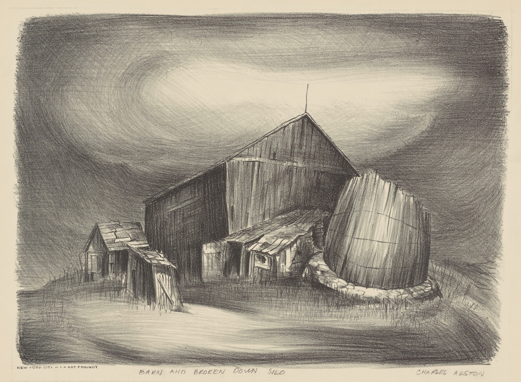 Barn and Broken Down Silo by Charles Henry Alston, depicts a weathered barn and silo.