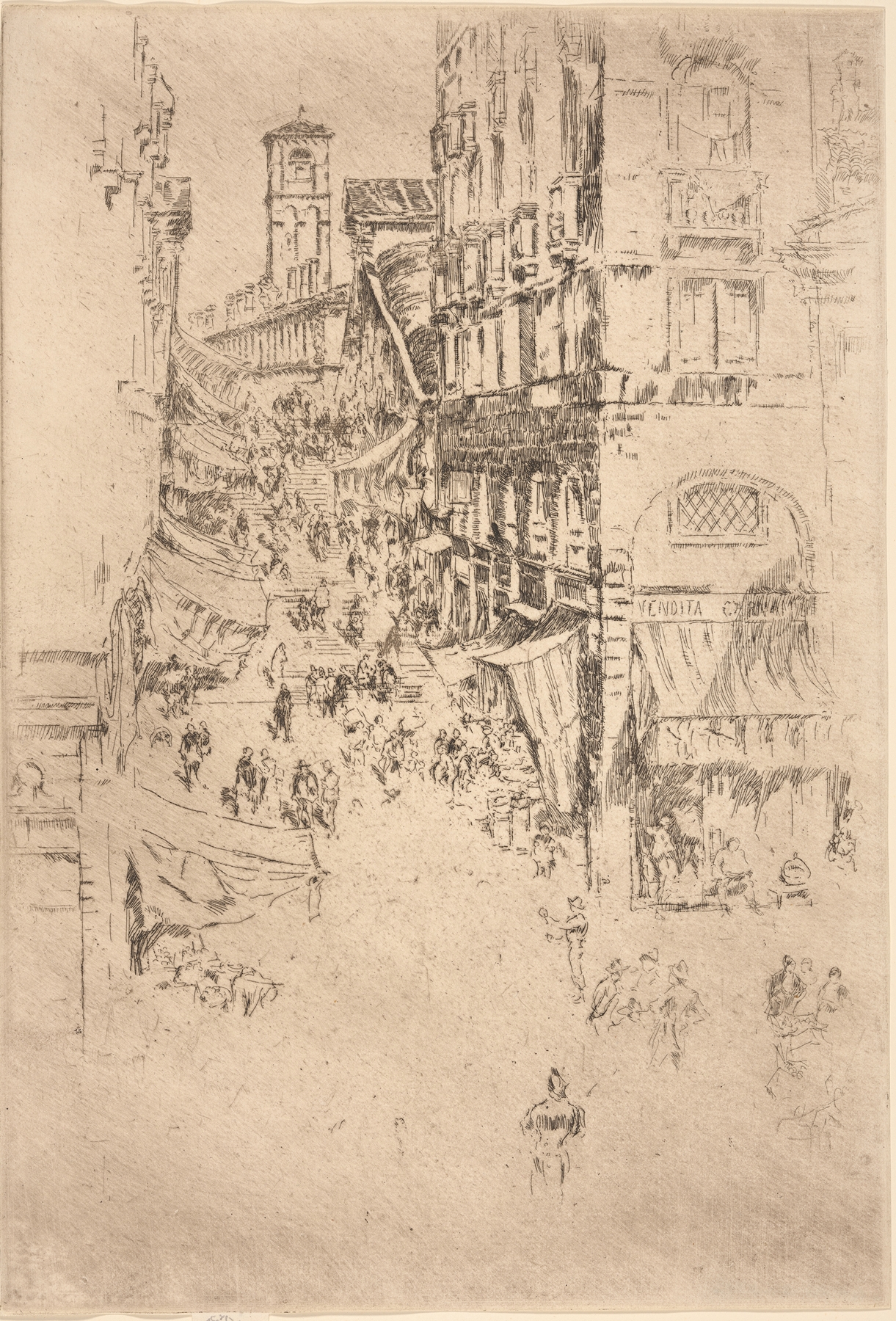 The Rialto by James Abbott McNeill Whistler, oil on canvas depicting a Venetian canal with silhouettes