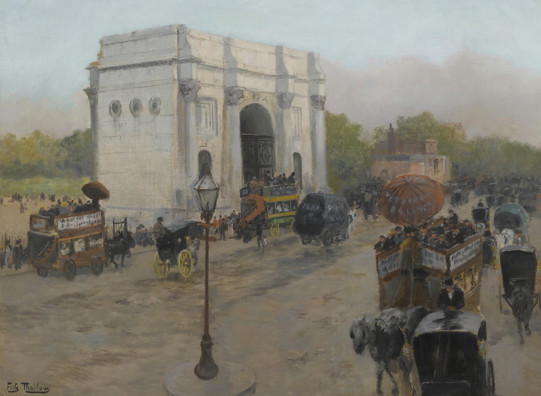 Marble Arch, London by Frits Thaulow, oil on canvas depicting an arch in soft light and mist.