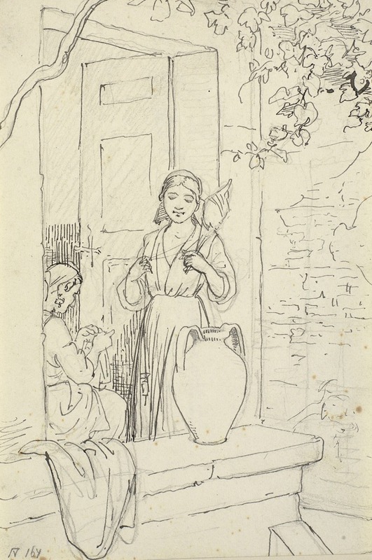 This painting depicts two Italian women in a doorway, one holding a candle.