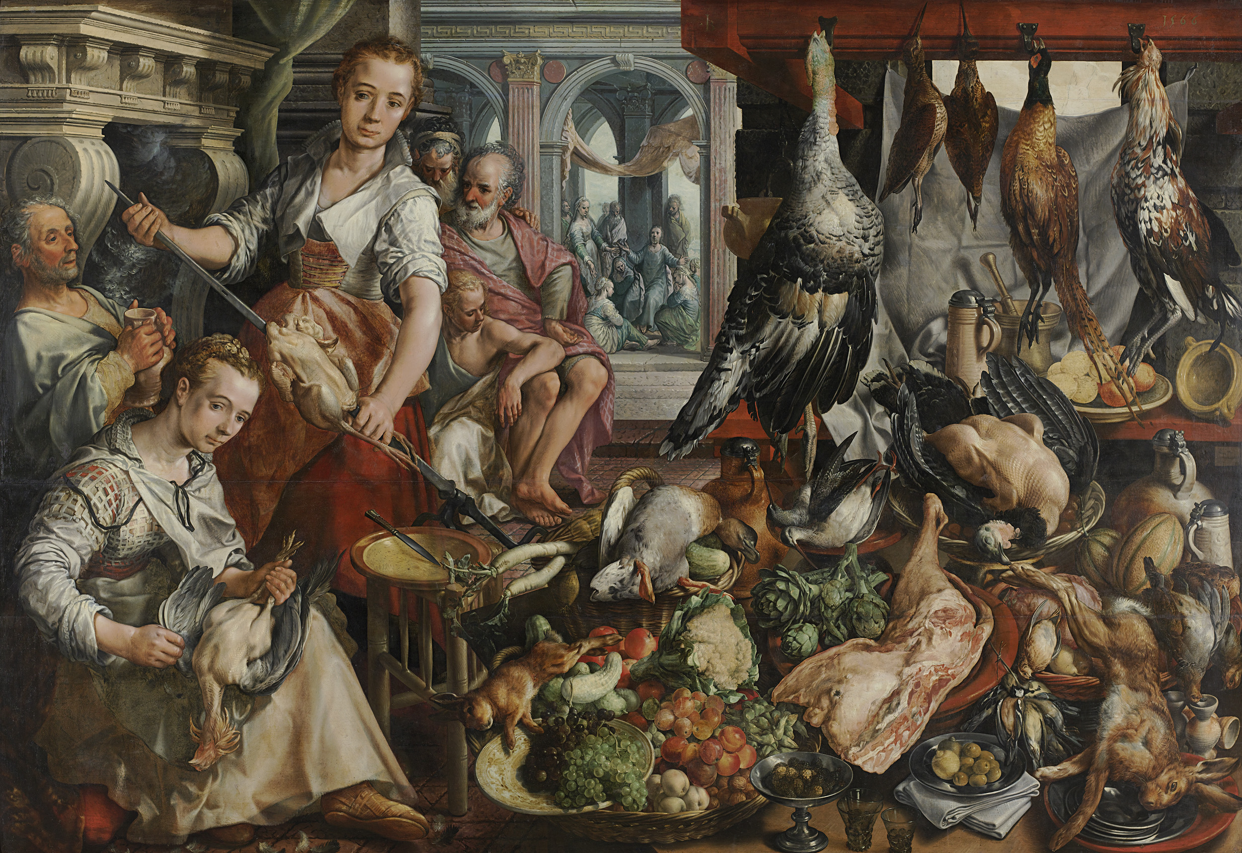The Well-stocked Kitchen, oil on panel by Joachim Bueckelaer, featuring a lively kitchen with fruits and vegetables.