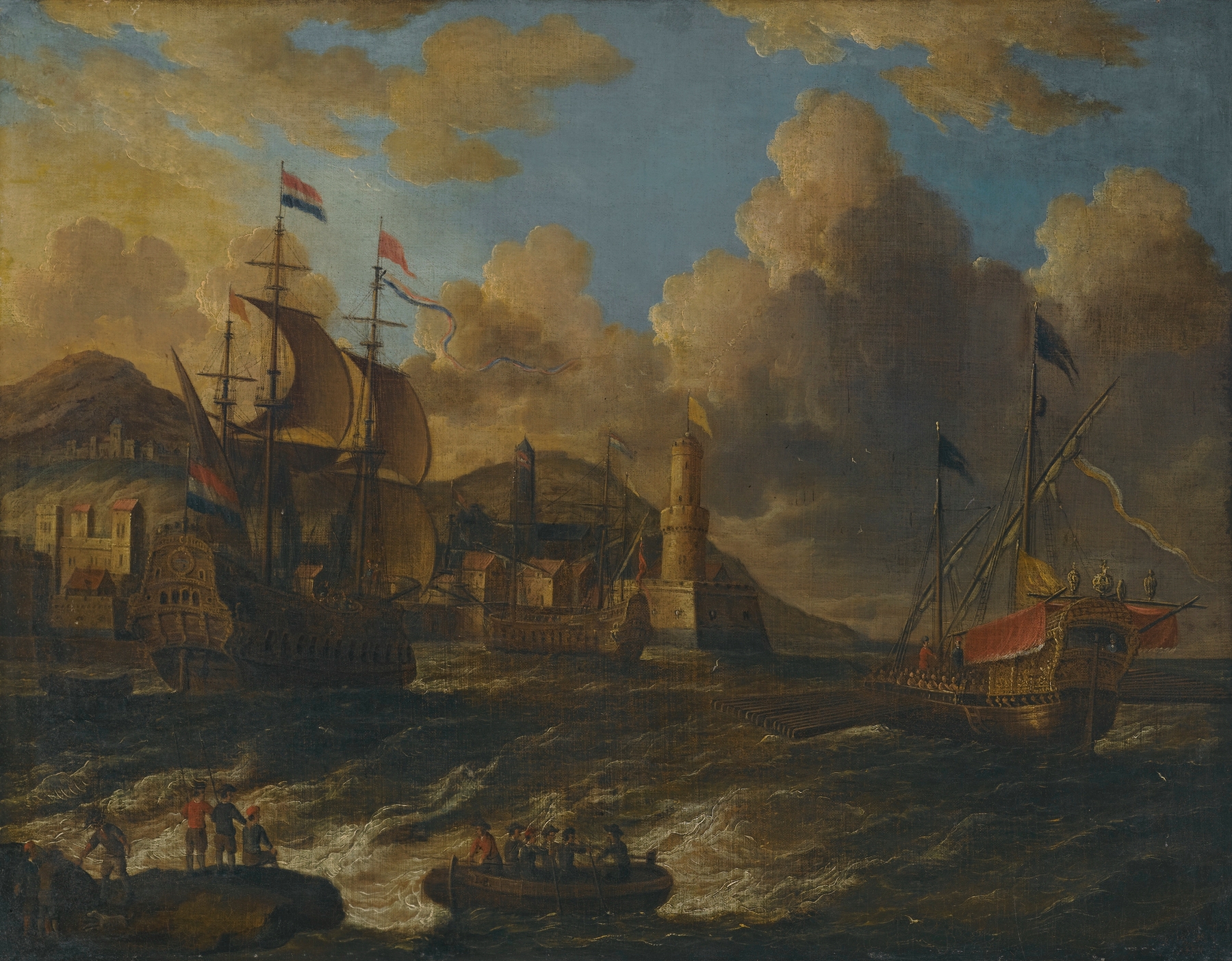 Dutch Ships At Sea Off The Coast Of A Fortified Town, oil on canvas by Peter van de Velde