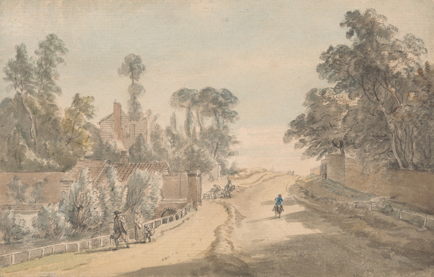 Bayswater – London by Paul Sandby, depicting figures by a river in a soft palette.