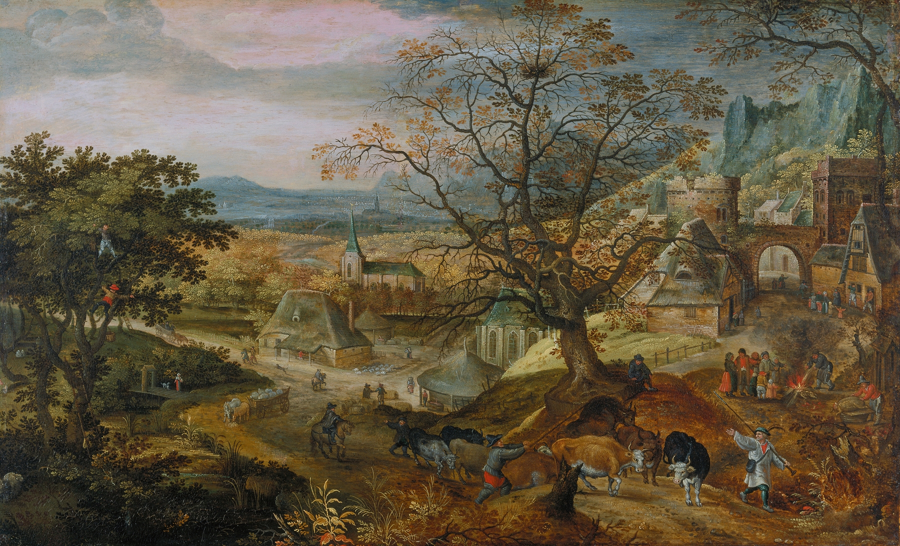 Landscape with Village; ‘Autumn’, oil on panel by Jacob Savery the Elder, depicting autumn foliage and a village.