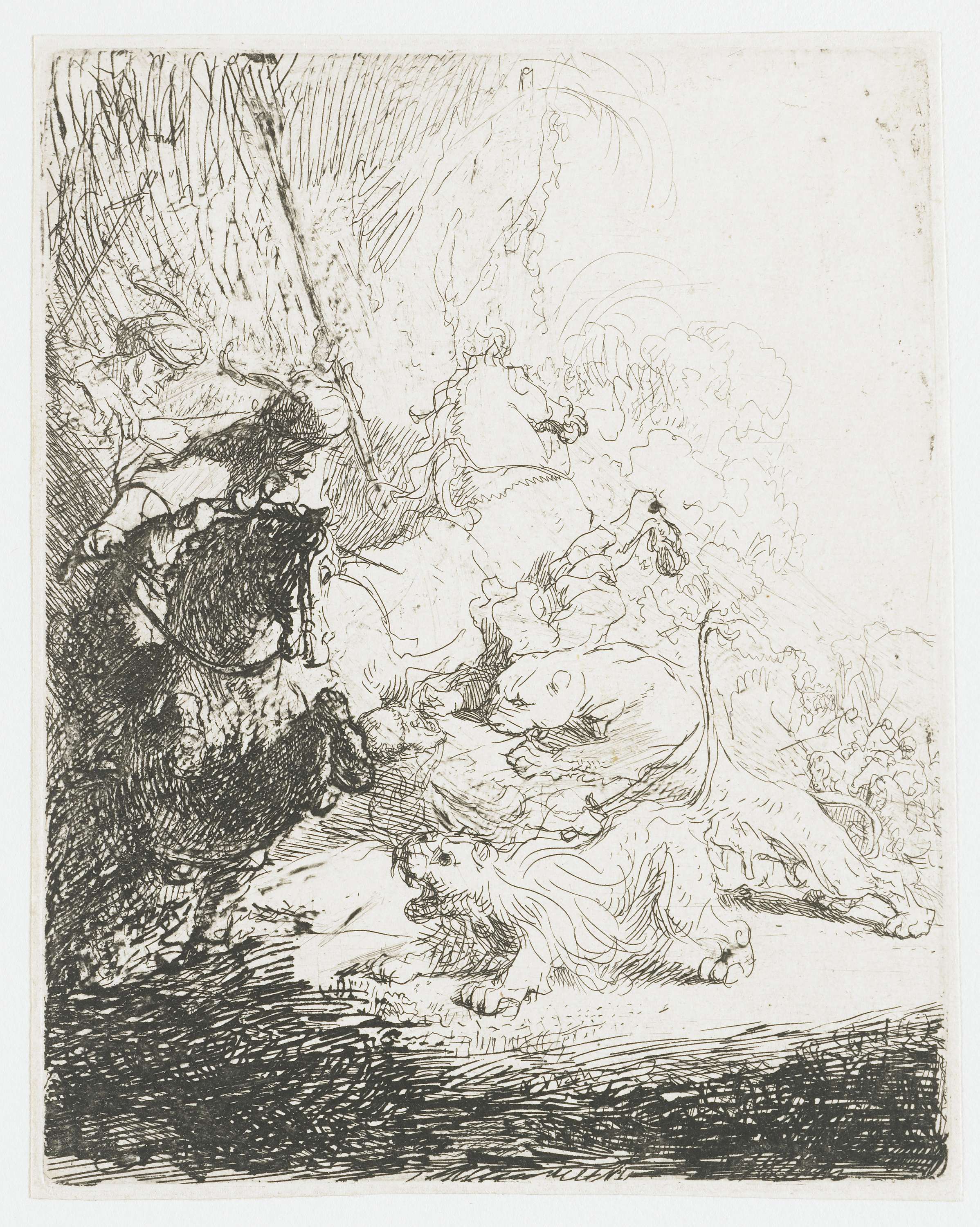 The small lion hunt (with two lions), by Rembrandt van Rijn, public domain