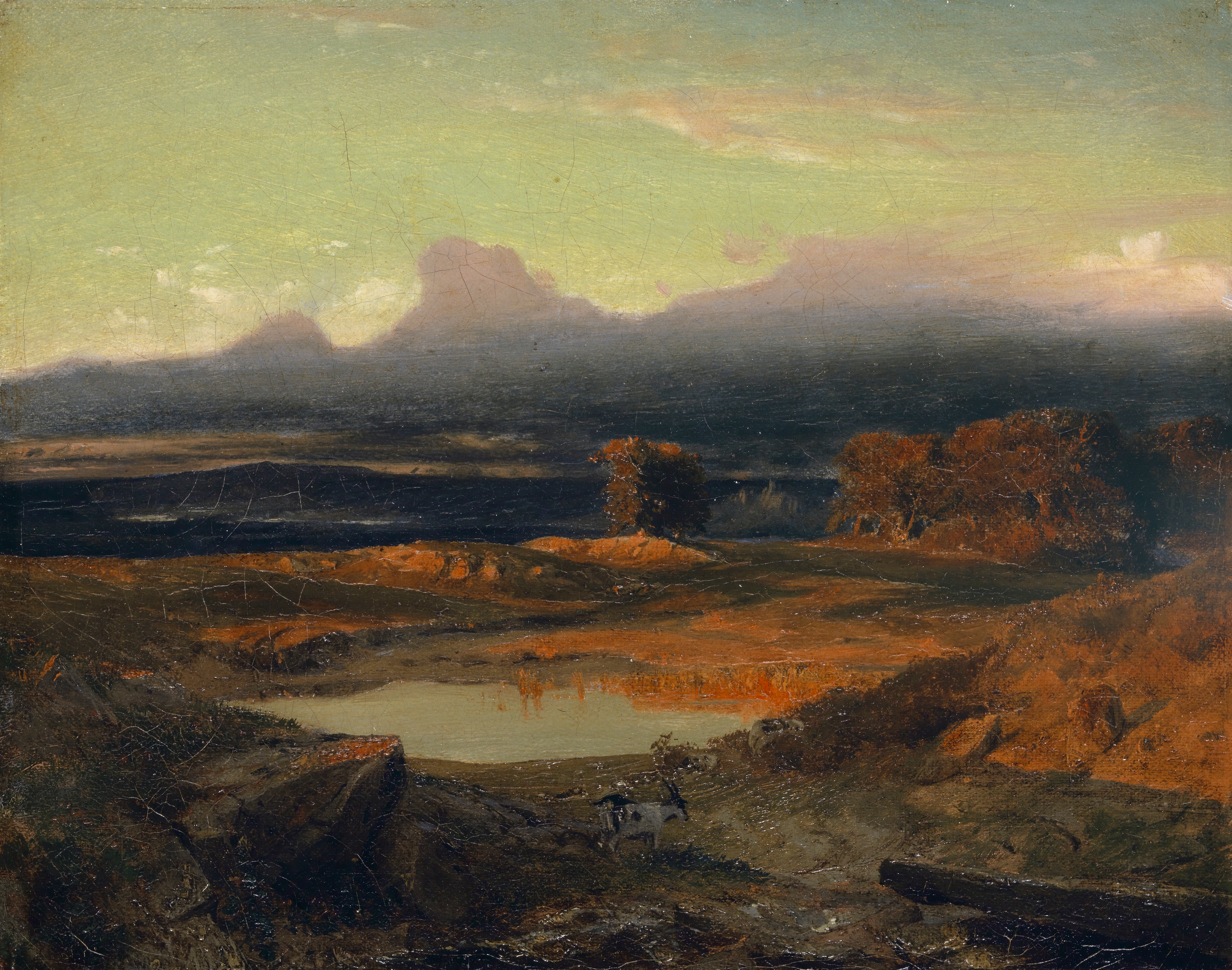 Landscape At Sunset, oil painting by Arnold Böcklin depicting a serene twilight scene.