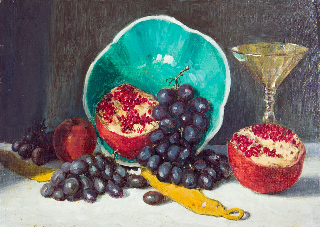 Still life with grapes and pomegranates, oil on canvas by Kanji Nakamura