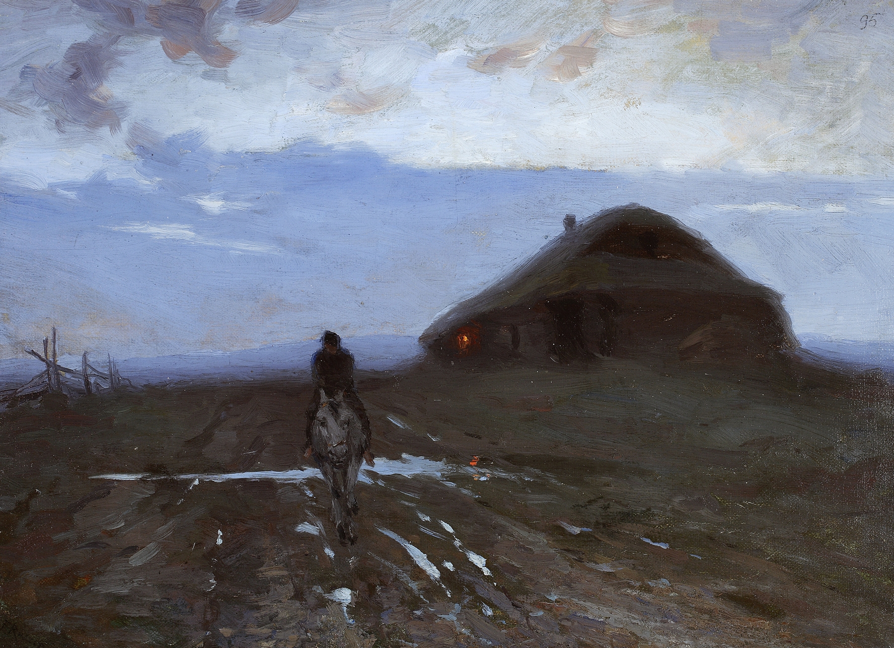 Wayside Inn by Ferdynand Ruszczyc, oil painting depicting a rustic inn with light and shadow.