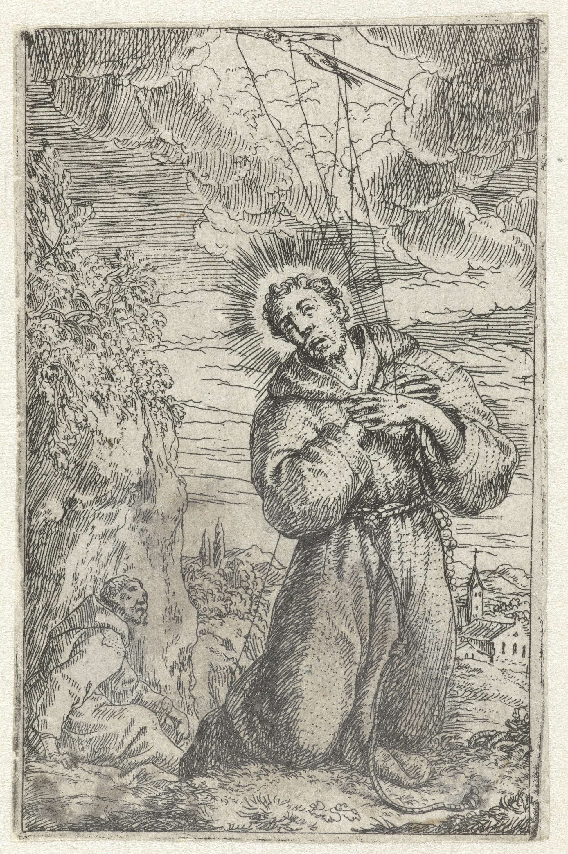 Stigmatisatie van heilige Franciscus etching by Jonas Umbach showing St. Francis in radiant light.