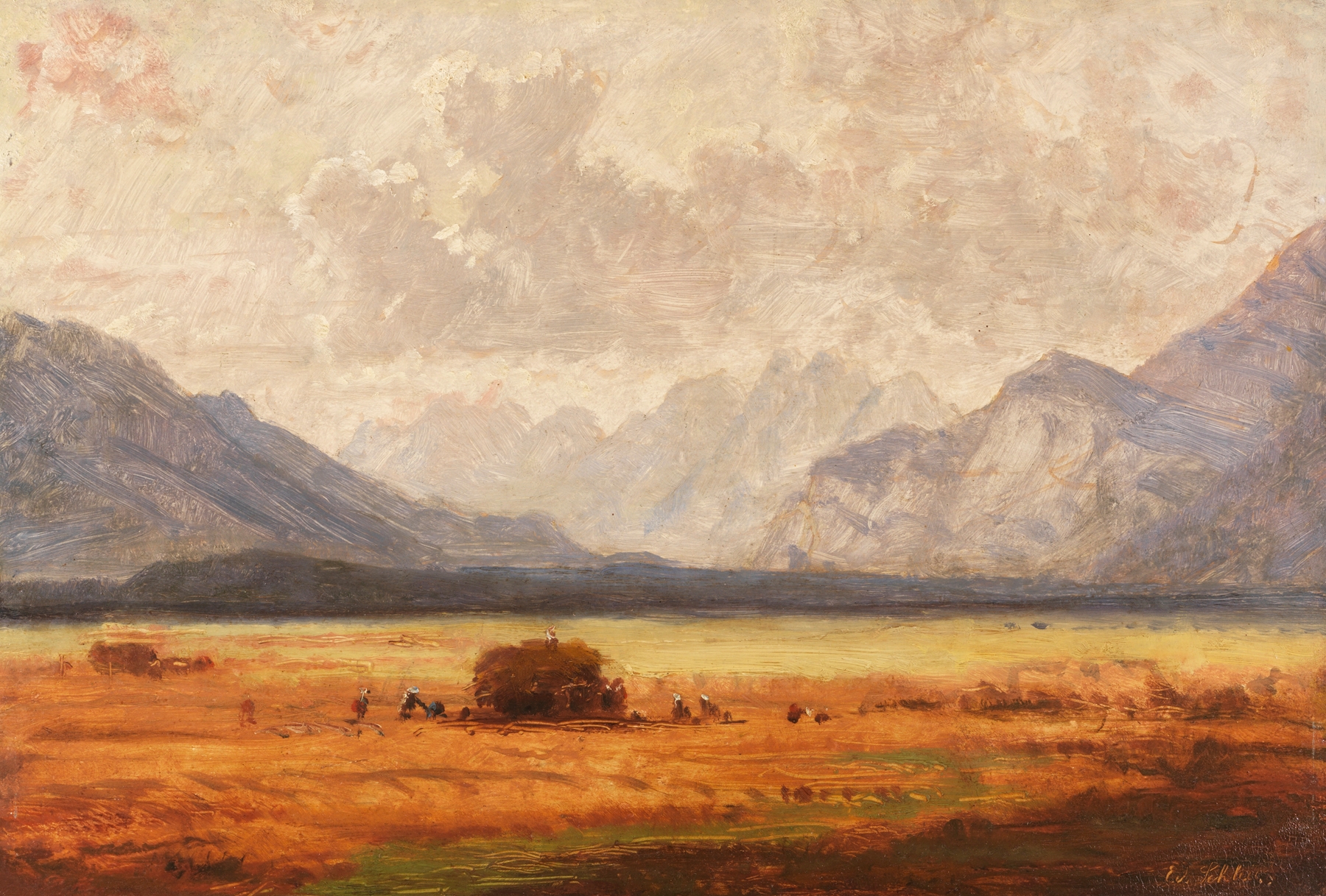 Heuernte im Voralpenland by Eduard Schleich The Younger, oil painting depicting a hay harvest in a landscape.