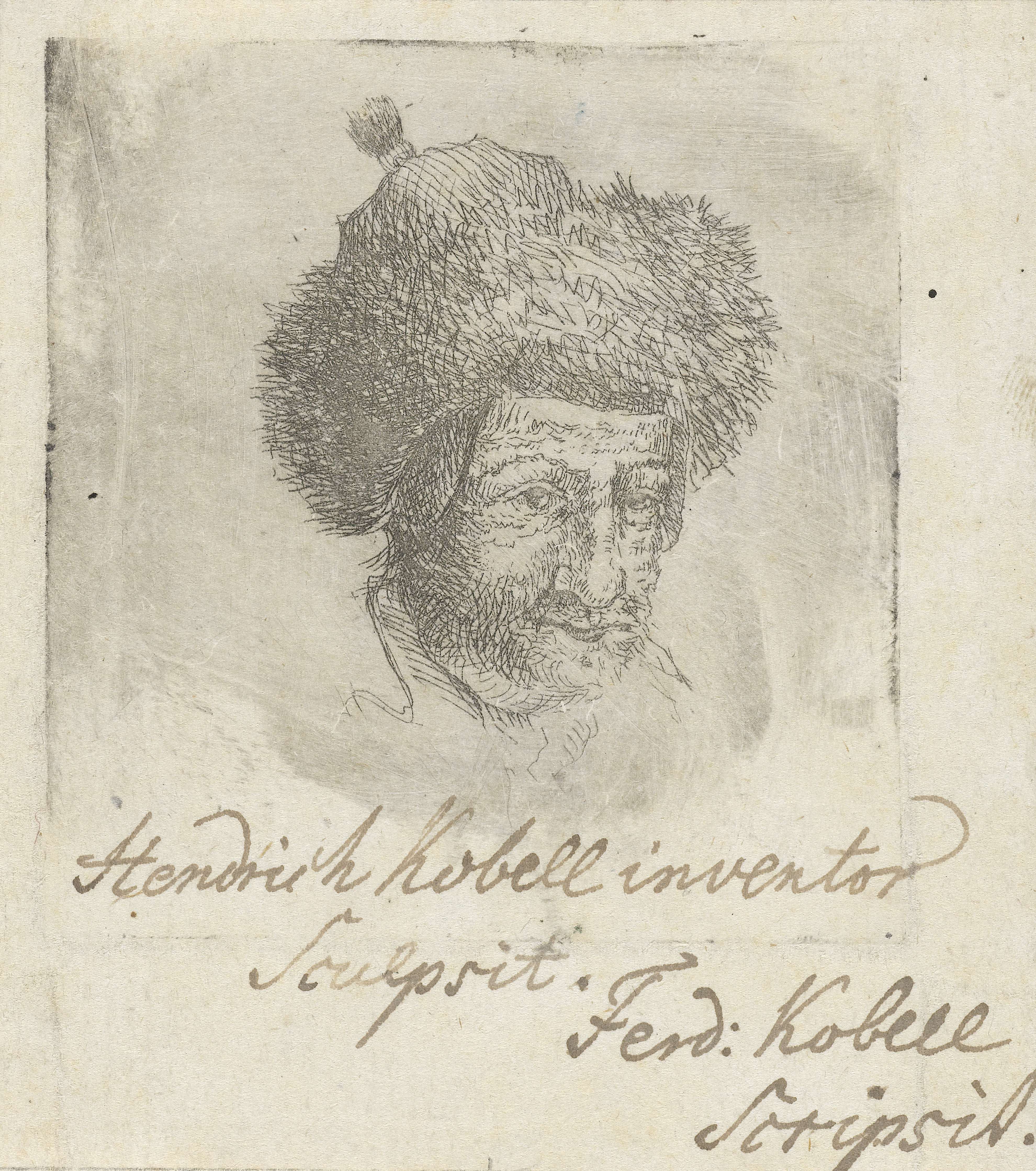 Portrait of a man wearing a fur hat, etching by Hendrik Kobell