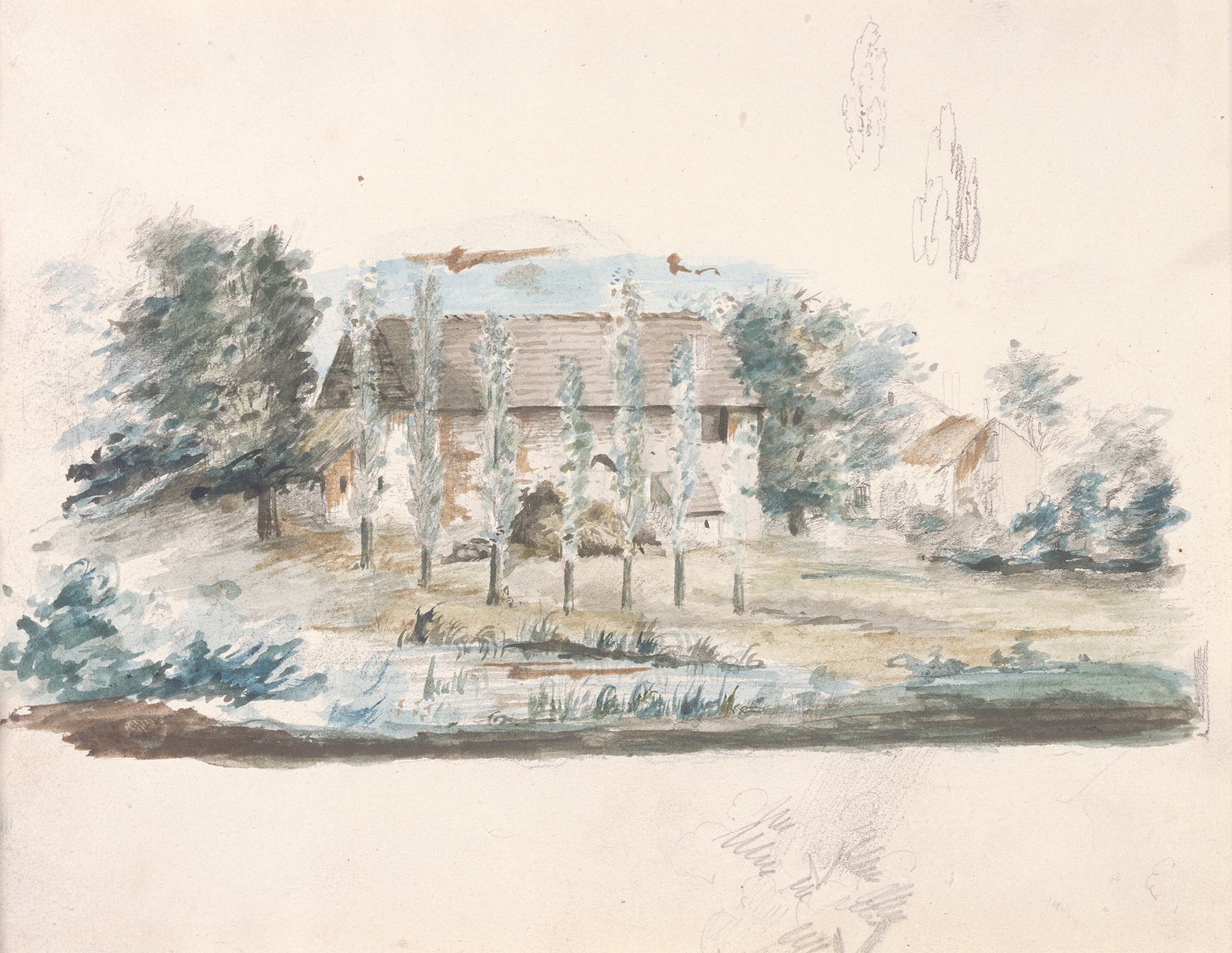 Farm Building in a Landscape, by Théodore Rousseau, public domain