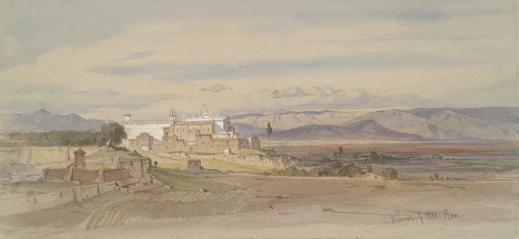 Roman landscape with San Giovanni in Laterano, oil on canvas by Carl Friedrich Heinrich Werner