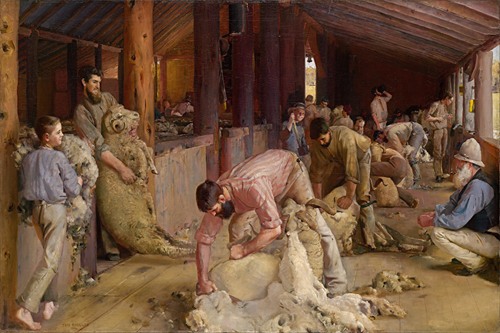 Tom Roberts' painting 'Shearing the Rams' captures the essence of Australian sheep shearing.