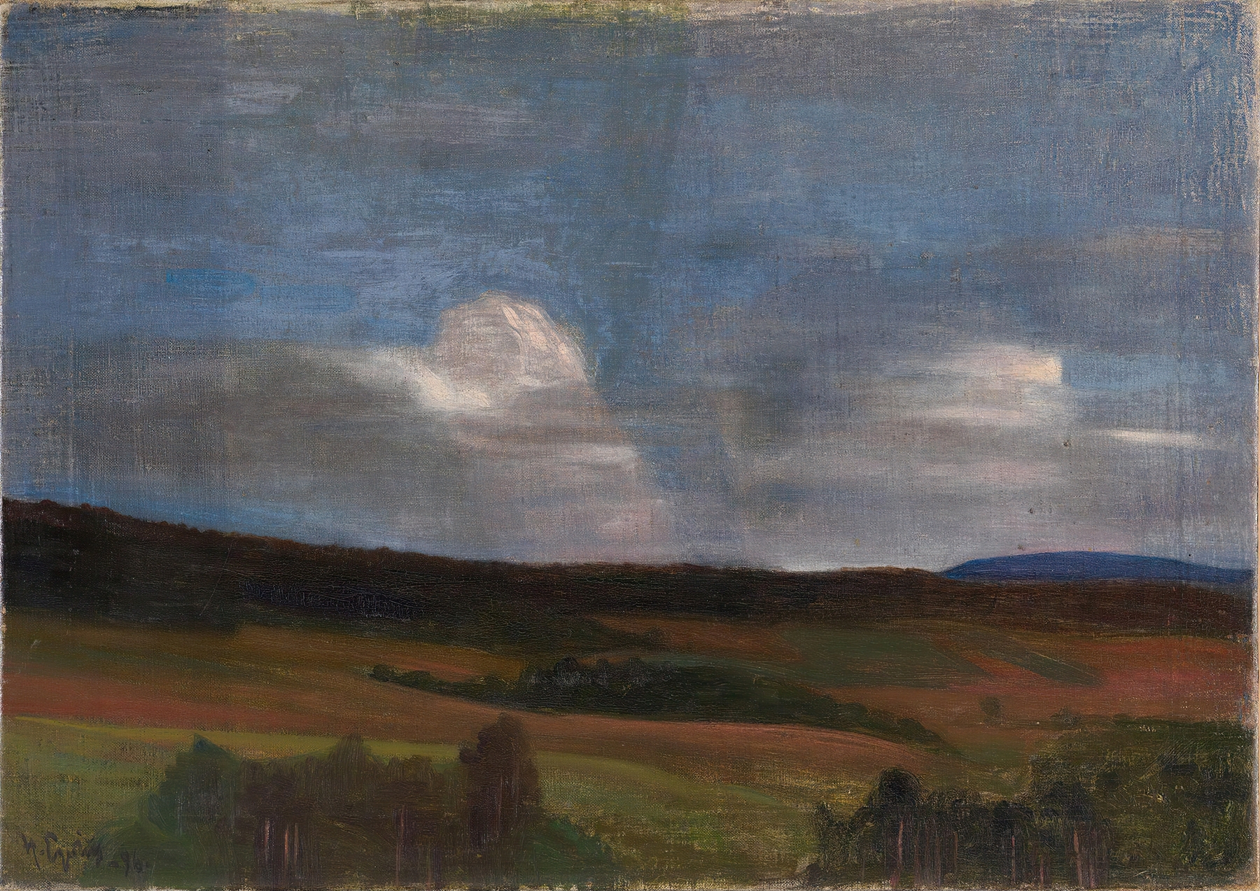 Thunder Clouds oil painting by Halfdan Egedius depicting dark clouds over a vibrant landscape