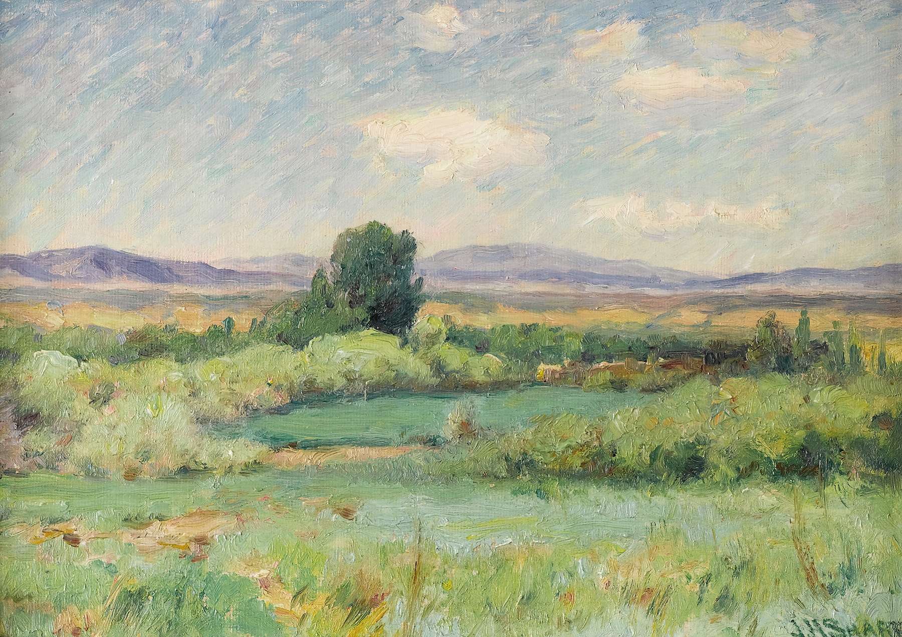 Green Ponds by Joseph Henry Sharp, oil painting depicting tranquil ponds and lush greenery