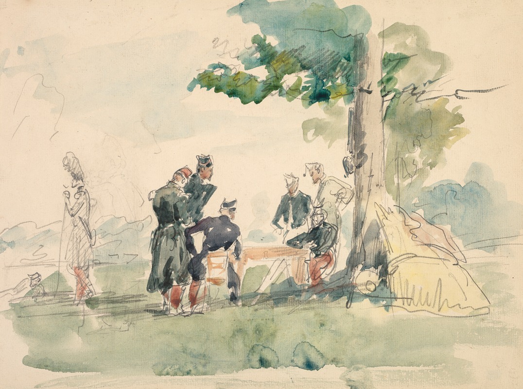 A painting depicting soldiers resting under a tree, showcasing a moment of calm amidst military life.