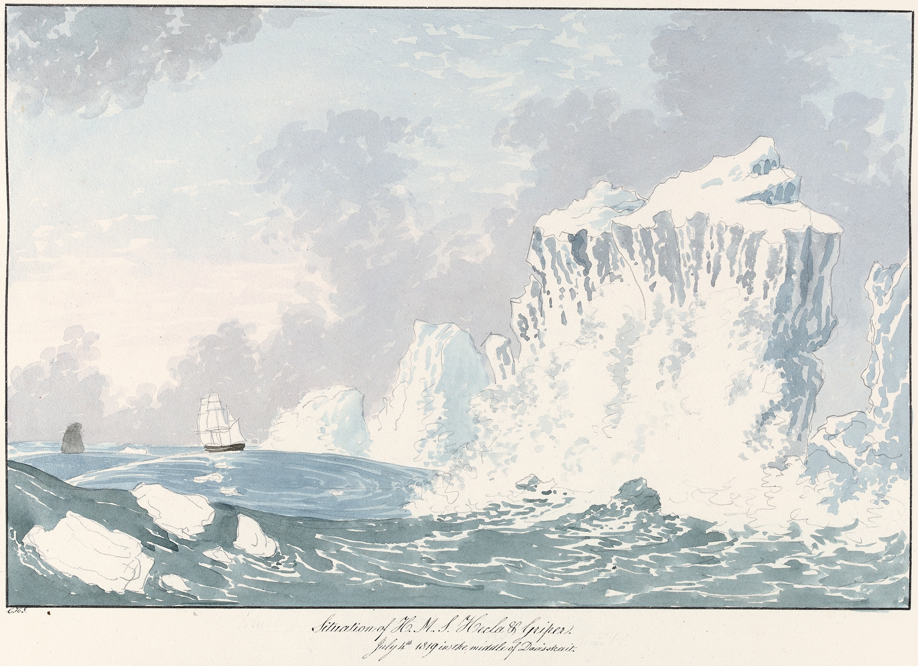 Watercolour by Charles Hamilton Smith depicting H.M.S. Hecla & Griper in a stormy ocean.