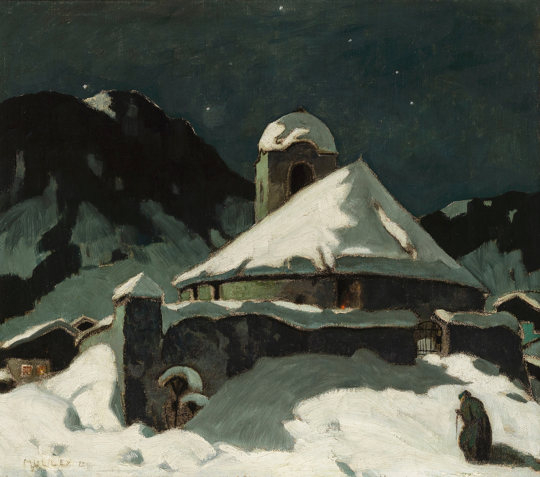 Romanticism landscape by Oskar Mulley, depicting a snowy village under moonlight.