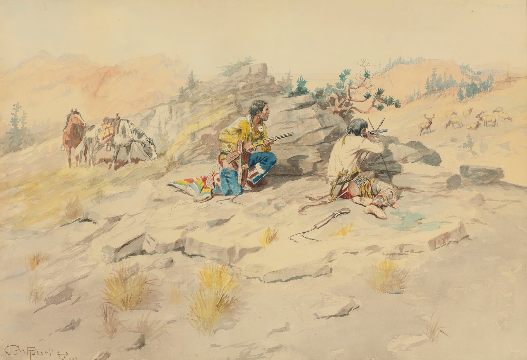 Indians Stalking Elk by Charles Marion Russell, oil on canvas depicting a horseman in a natural landscape.