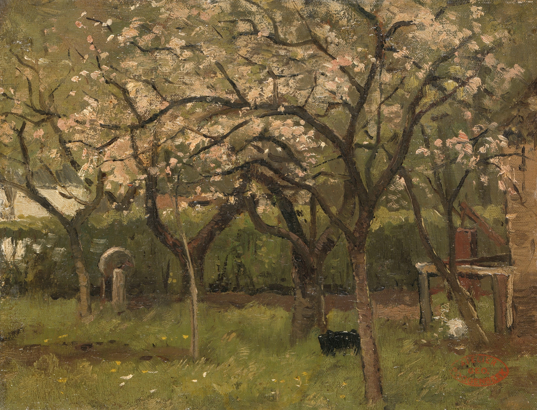 Blossoming tree in an orchard, oil on canvas by Geo Poggenbeek