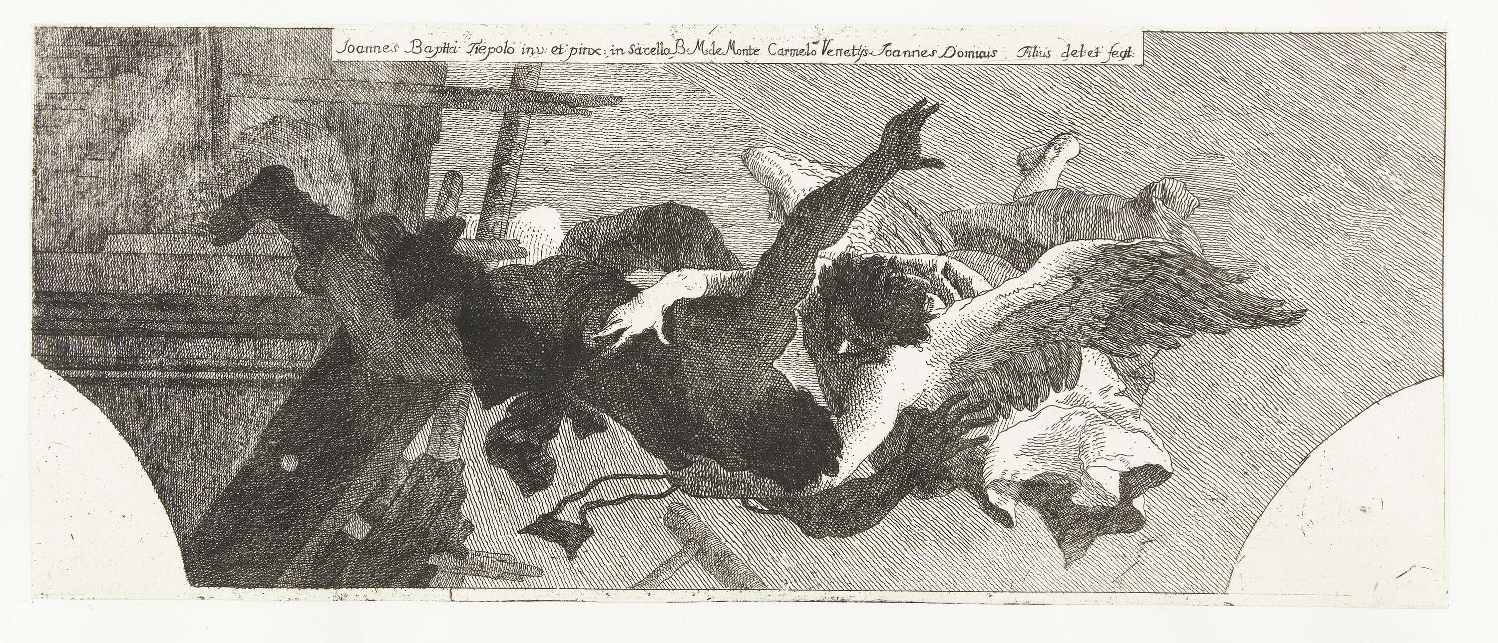 Vallende man wordt opgevangen door engel met scapulier, by Giovanni Domenico Tiepolo, public domain